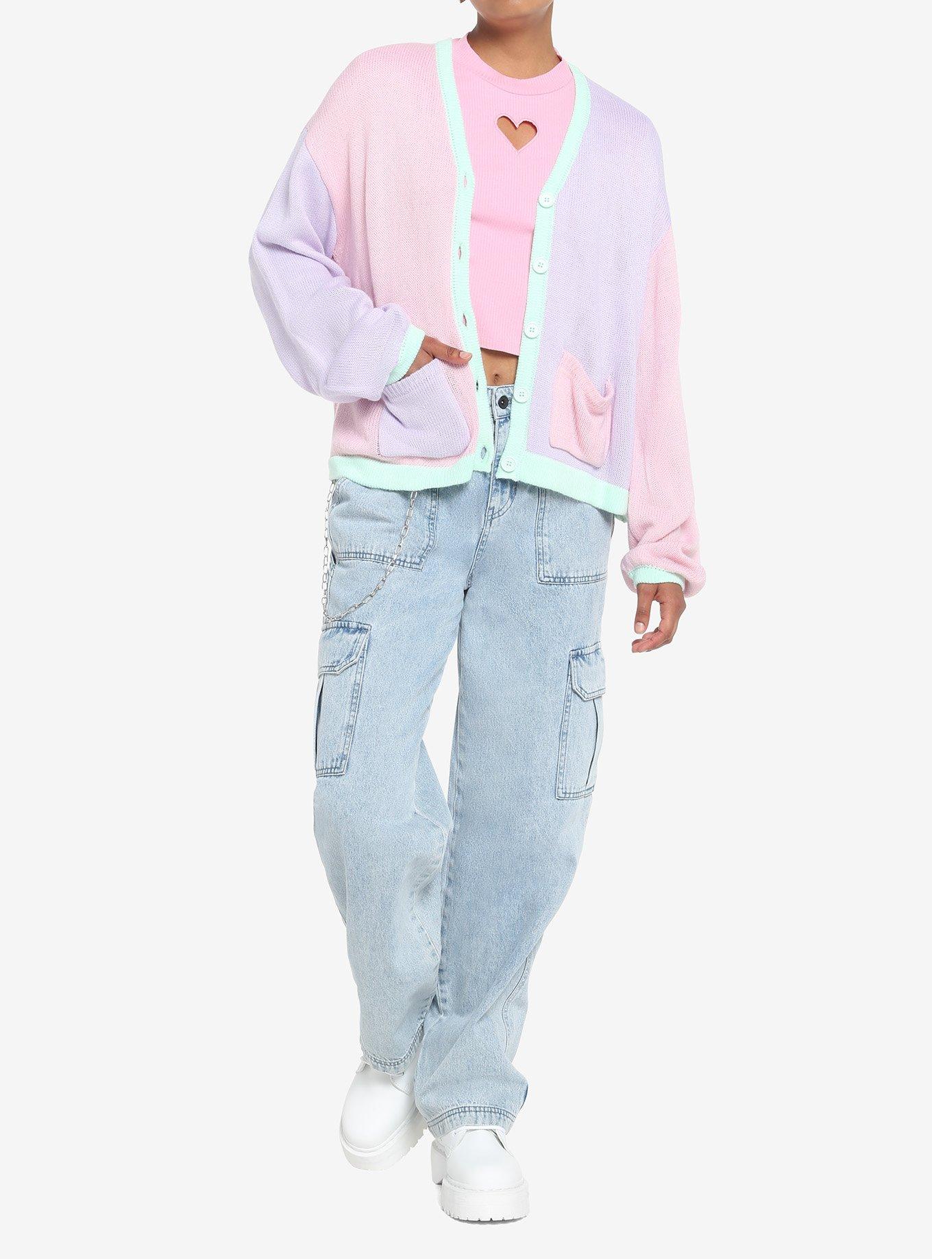 Pastel Pink & Lavender Color Block Girls Cardigan, MULTI, alternate