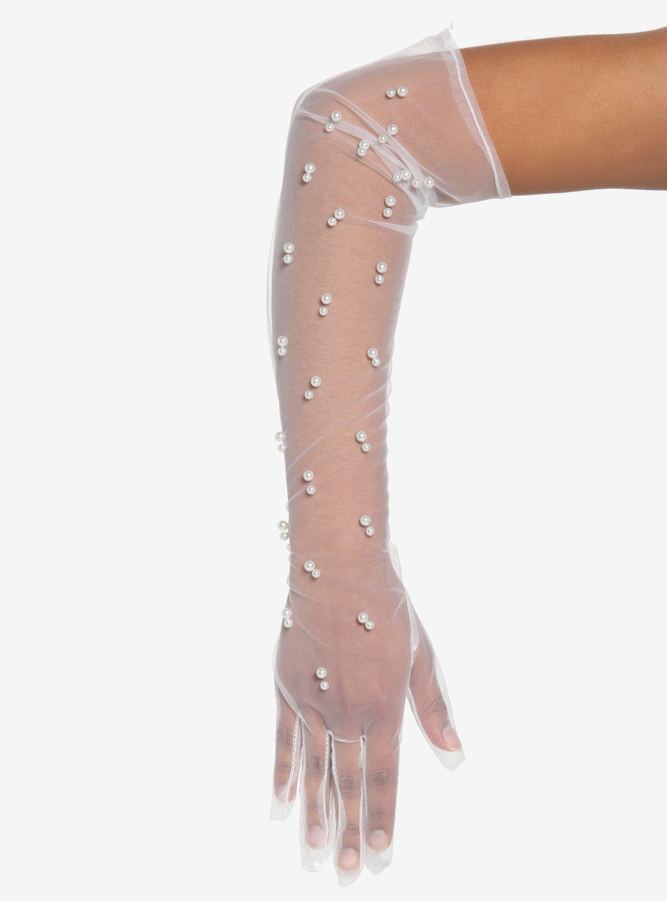 White Sheer Pearl Long Gloves, , alternate
