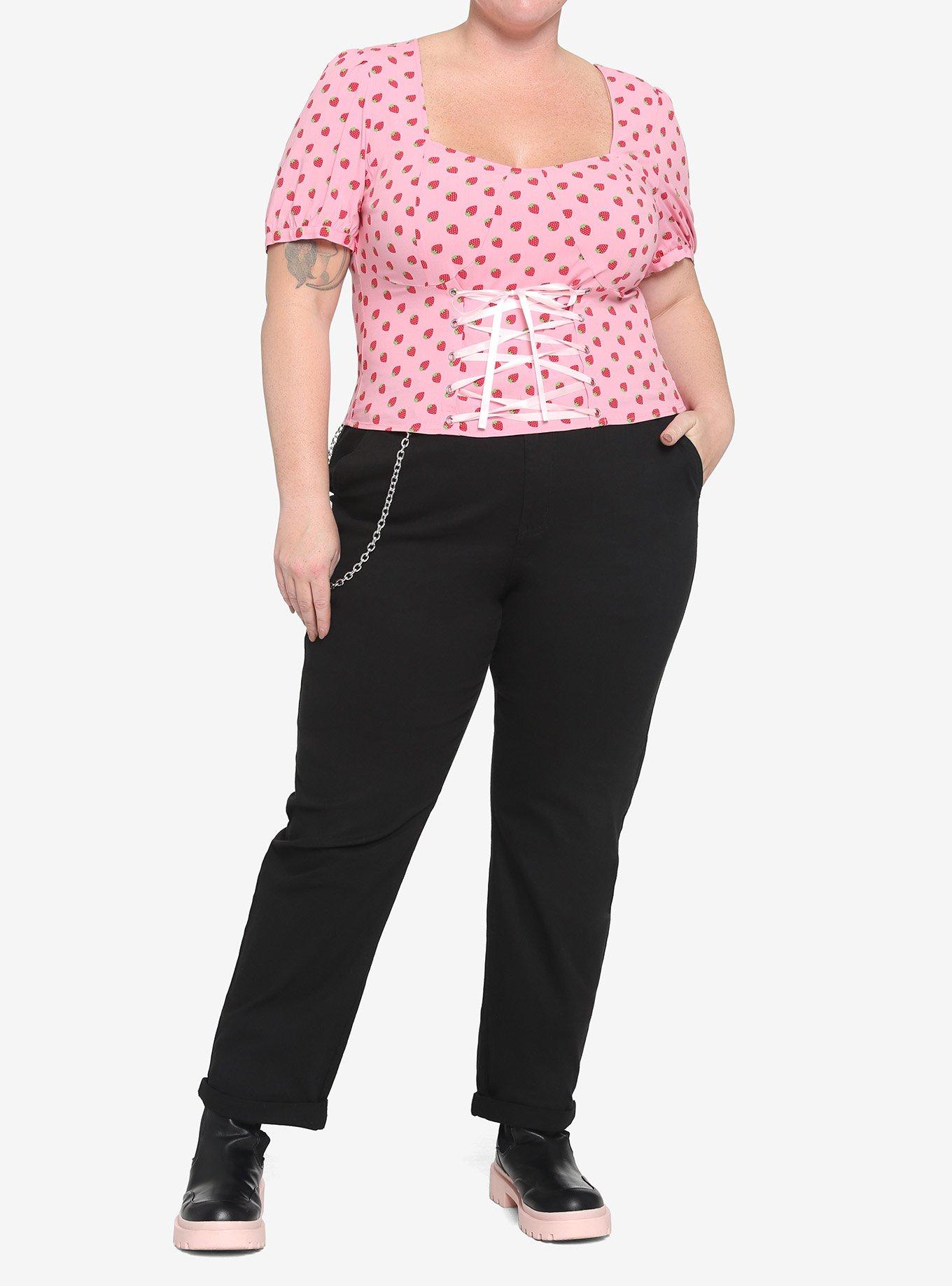 Strawberry Lace-Up Girls Crop Woven Top Plus Size, PINK, alternate