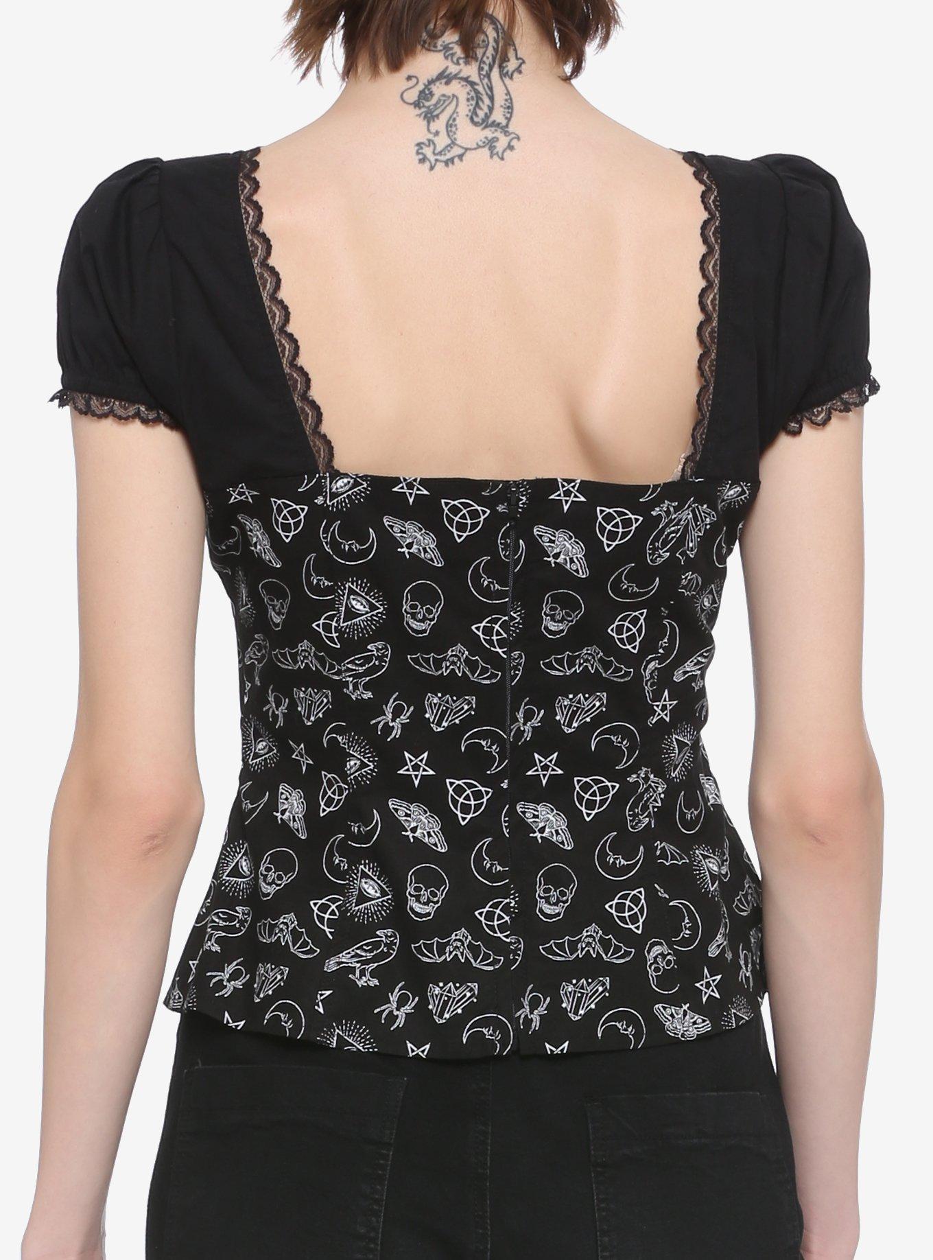 Black & White Magic Symbols Zipper & Lacing Girls Top, BLACK, alternate