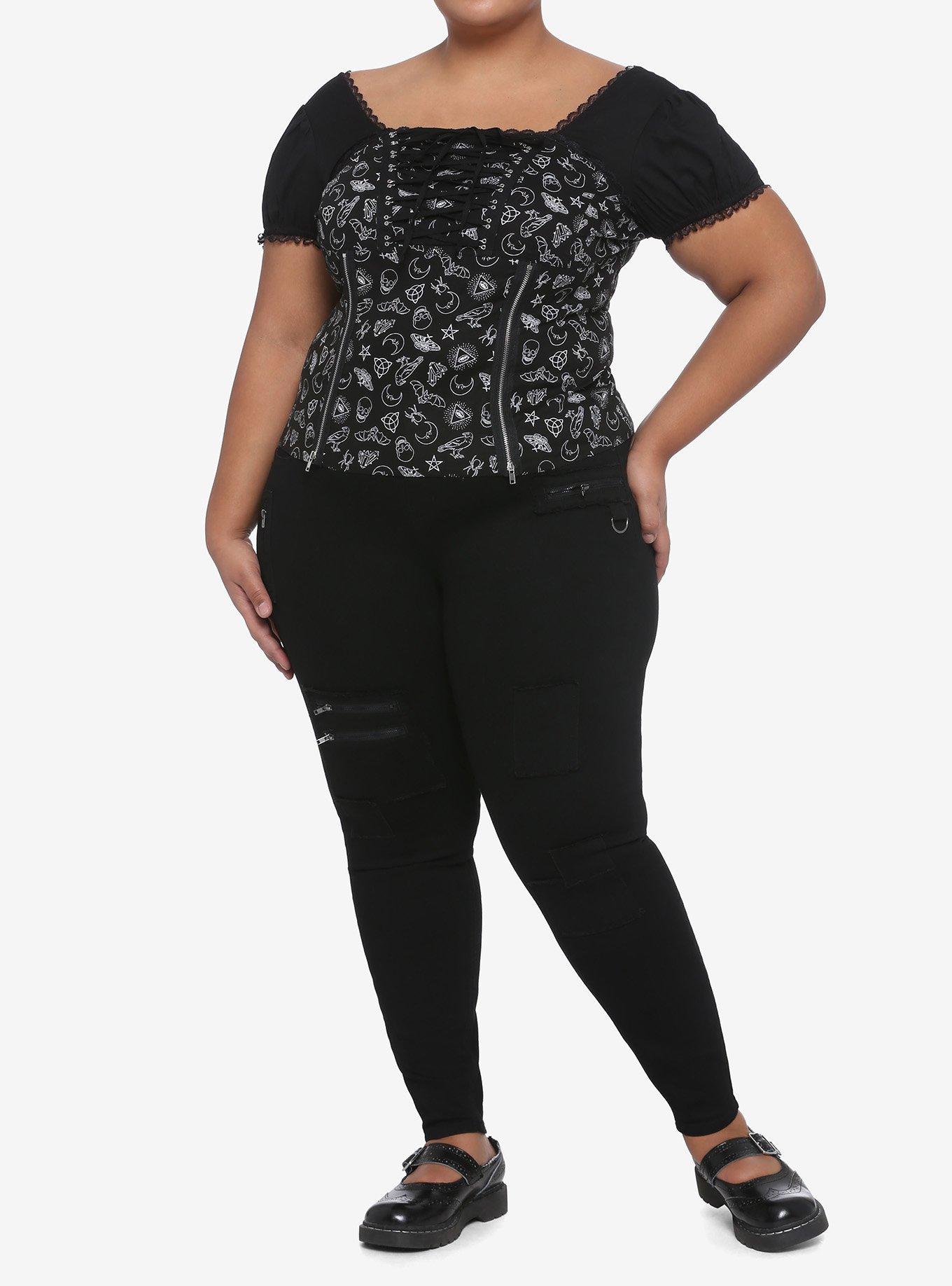 Black & White Magic Symbols Zipper & Lacing Girls Top Plus Size, BLACK, alternate