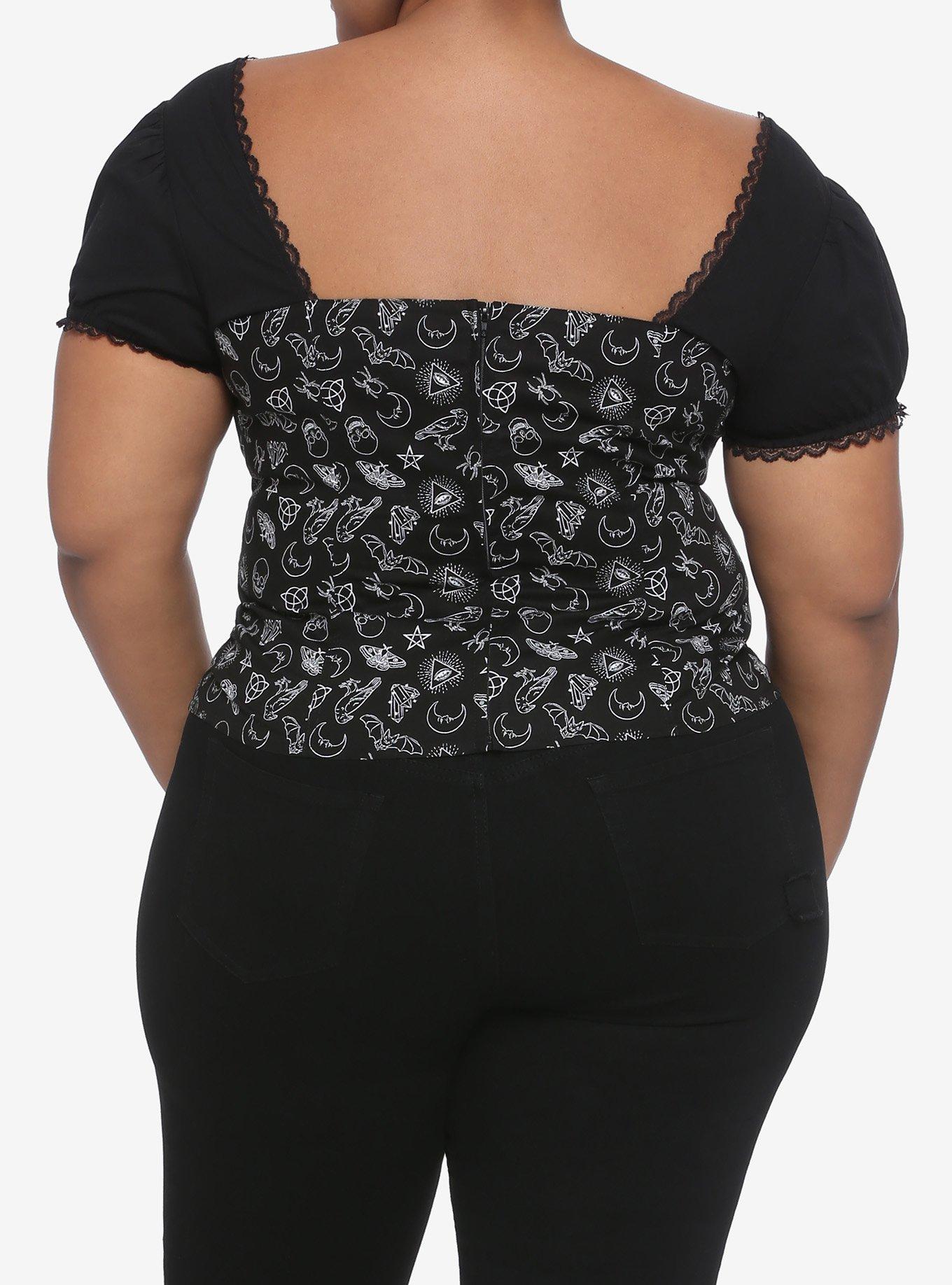 Black & White Magic Symbols Zipper & Lacing Girls Top Plus Size, BLACK, alternate