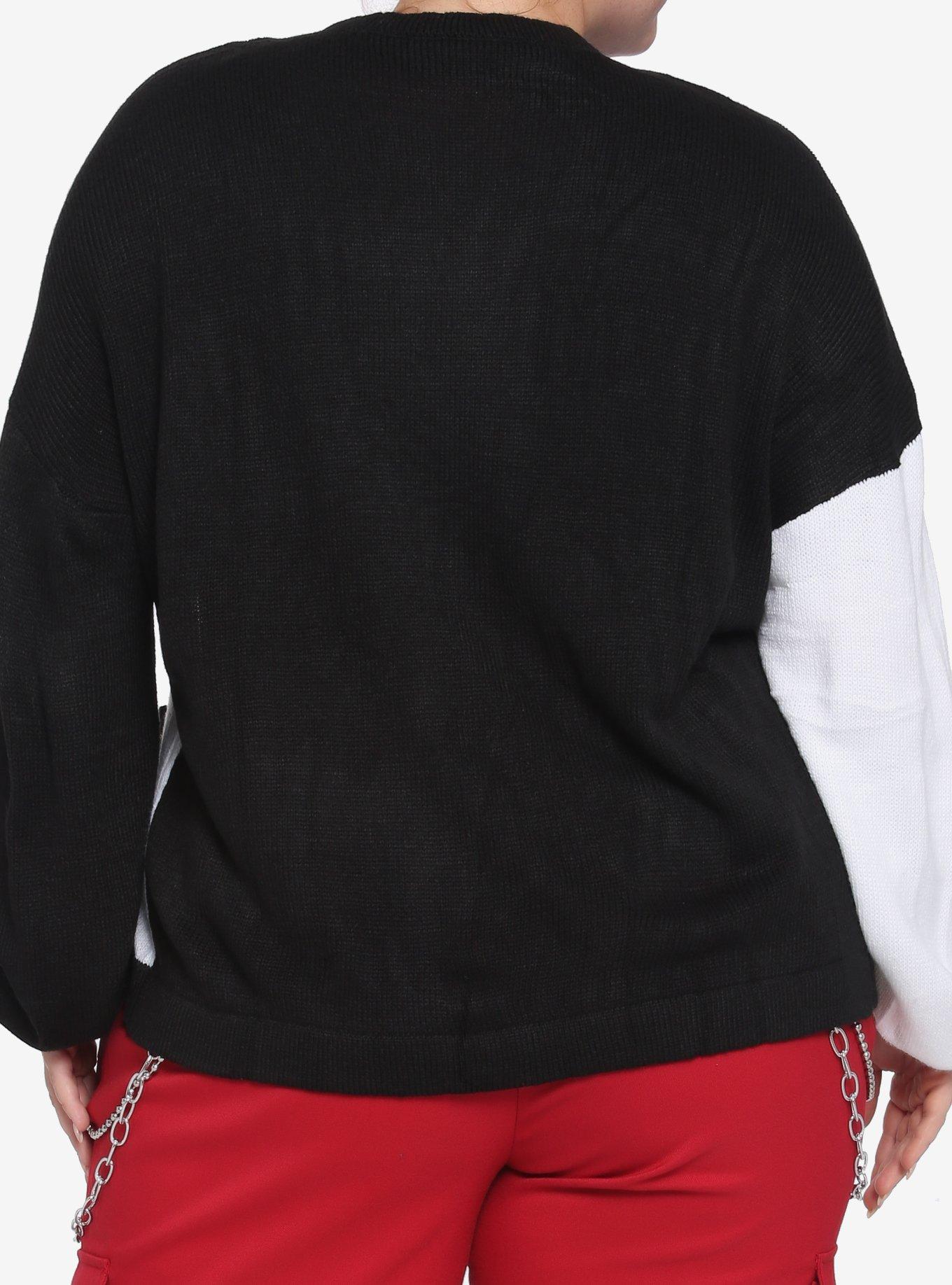Black & White Split Boyfriend Fit Girls Cardigan Plus Size, BLACK, alternate