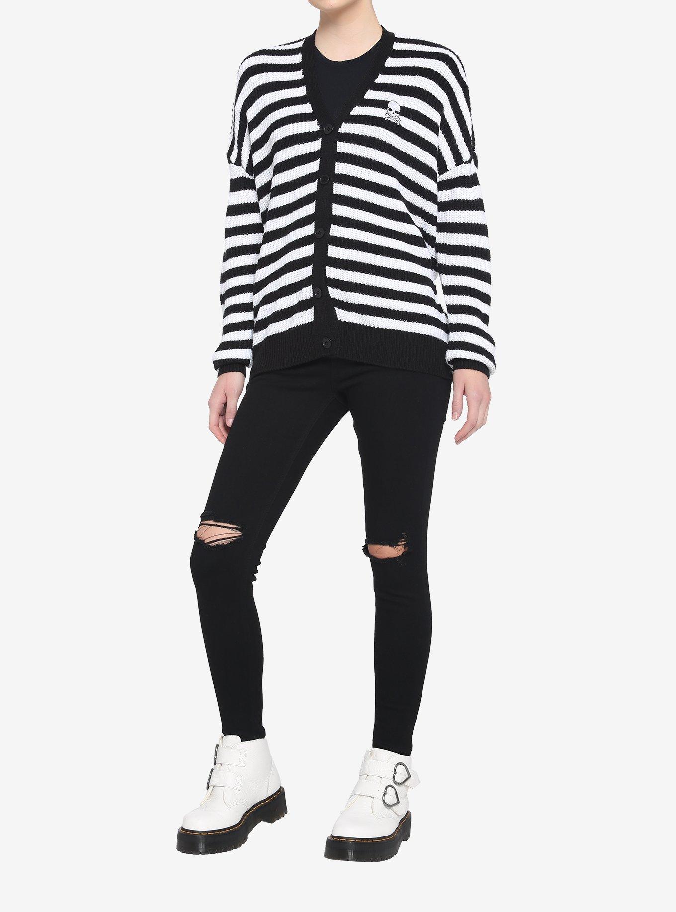 Black & White Stripe Skull Girls Cardigan, STRIPE-BLACK WHITE, alternate