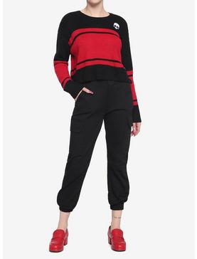 Black & Red Stripe Skull Girls Crop Sweater, , hi-res