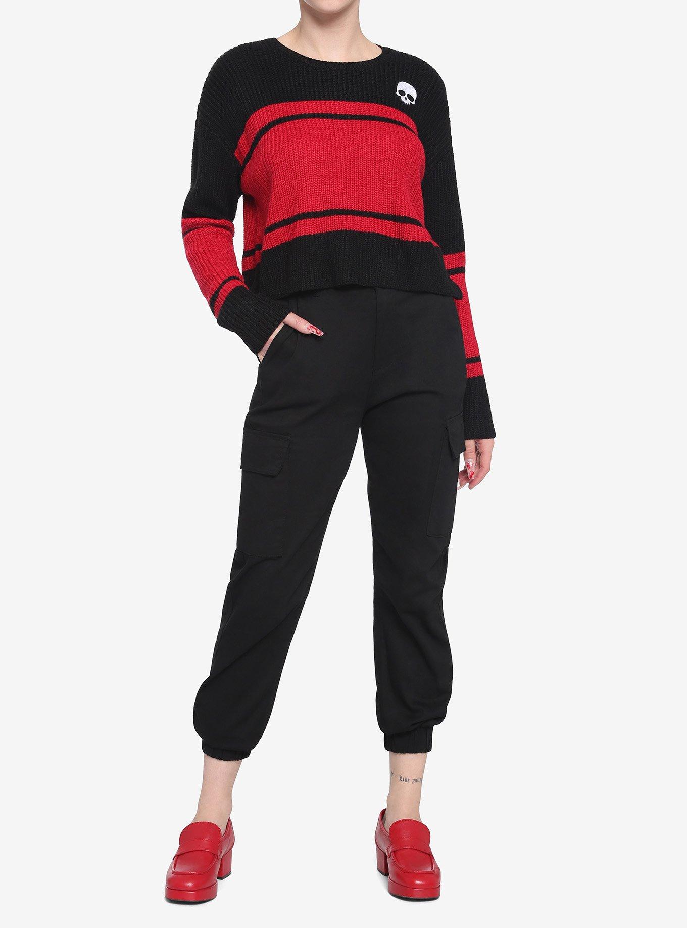 Black & Red Stripe Skull Girls Crop Sweater, STRIPES - RED, alternate
