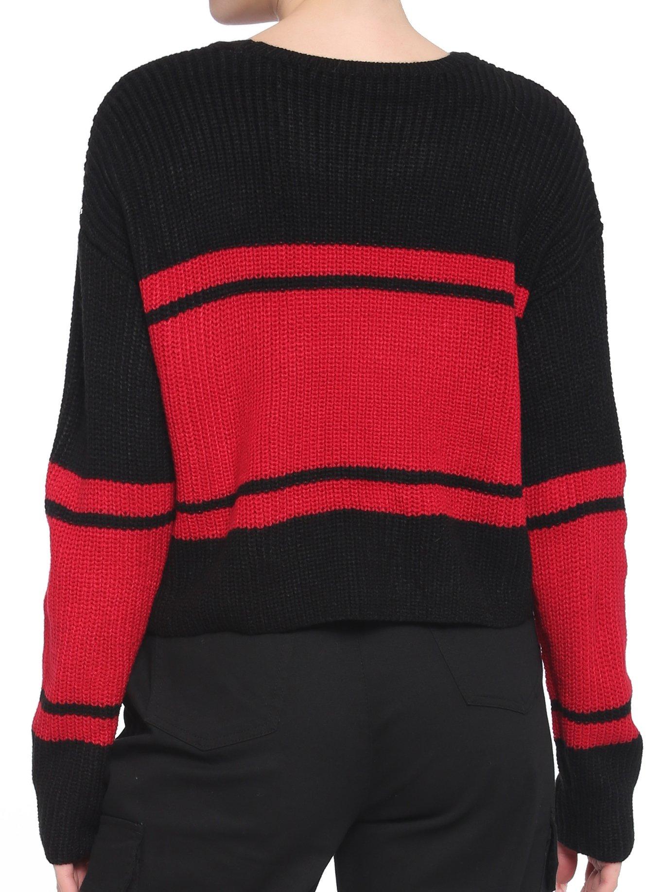 Black & Red Stripe Skull Girls Crop Sweater, STRIPES - RED, alternate