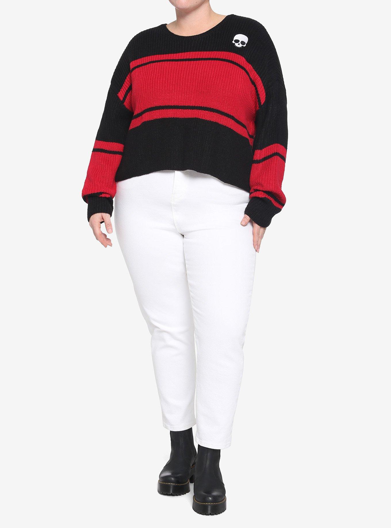 Black & Red Stripe Skull Girls Crop Sweater Plus Size, STRIPES - RED, alternate