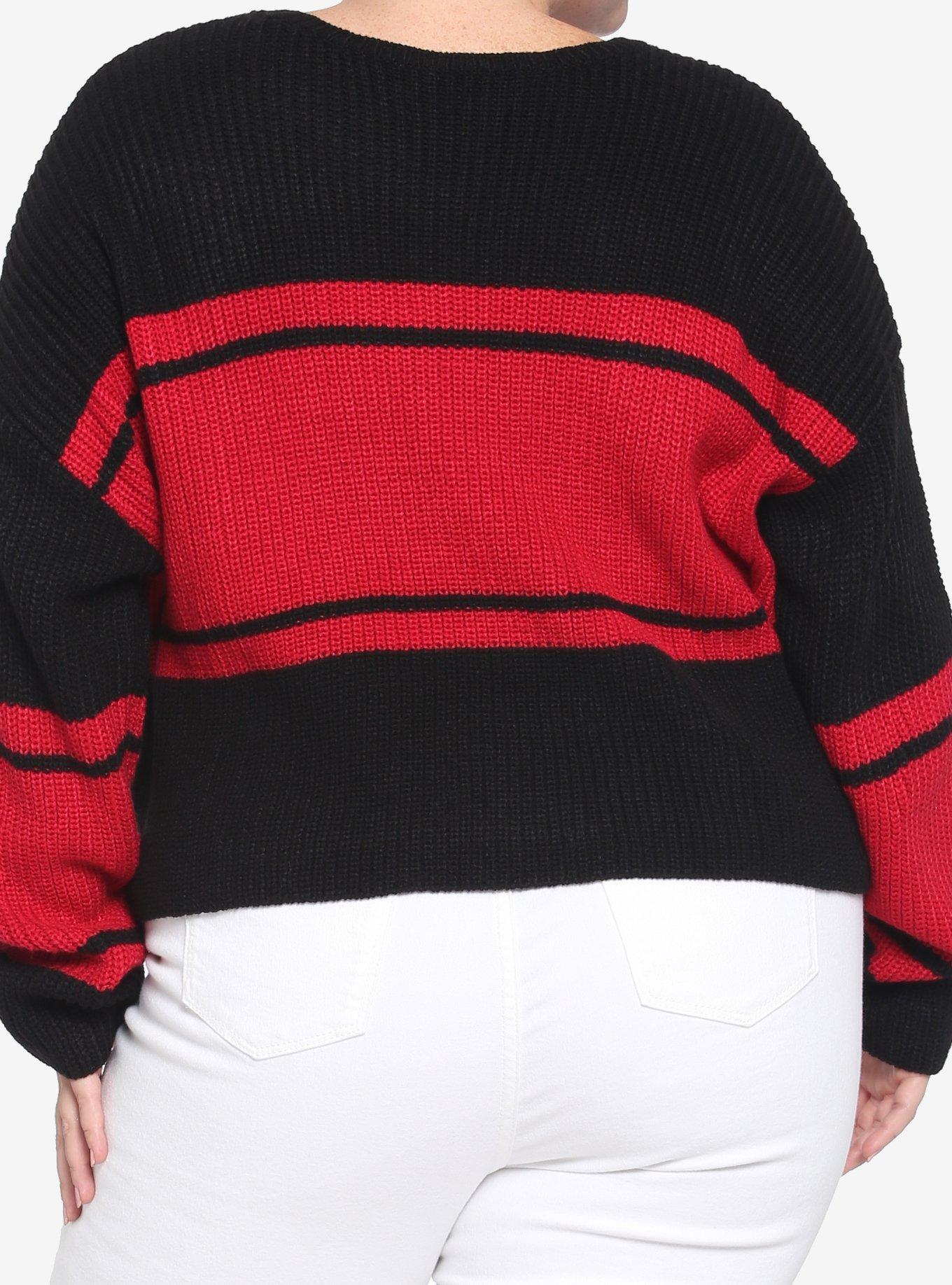 Black & Red Stripe Skull Girls Crop Sweater Plus Size, STRIPES - RED, alternate