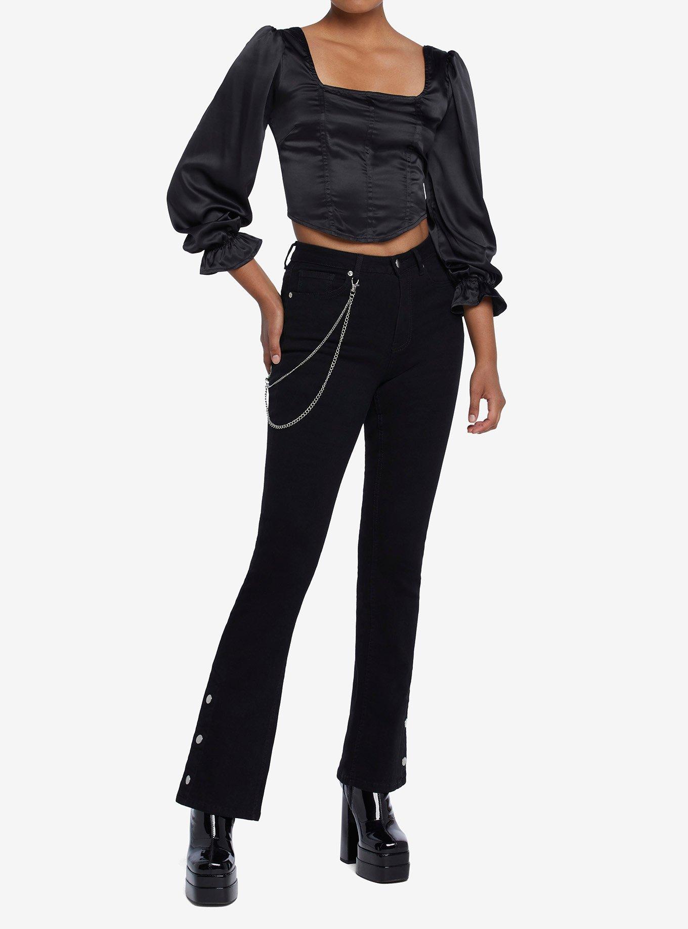 Black Corset Girls Crop Long-Sleeve Top, BLACK, alternate