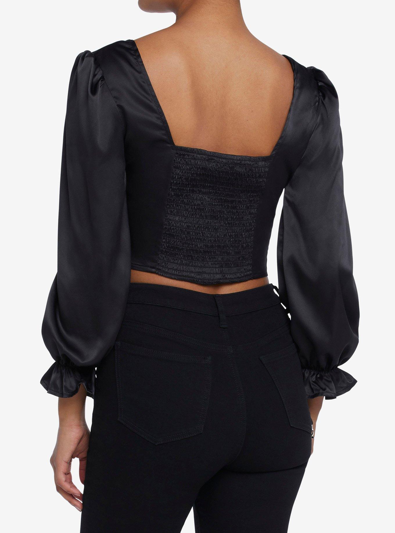 Black Corset Girls Crop Long-Sleeve Top, BLACK, alternate