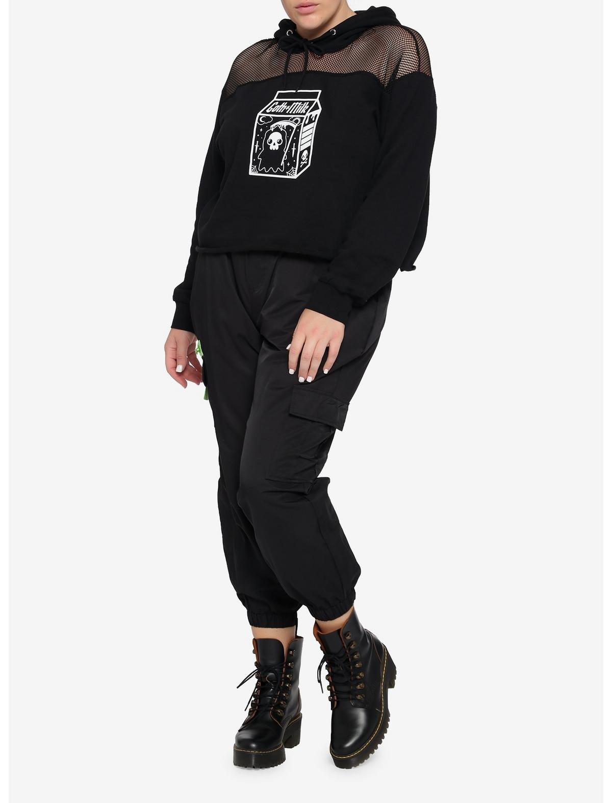 Goth Milk Mesh Girls Crop Hoodie Plus Size, BLACK, alternate