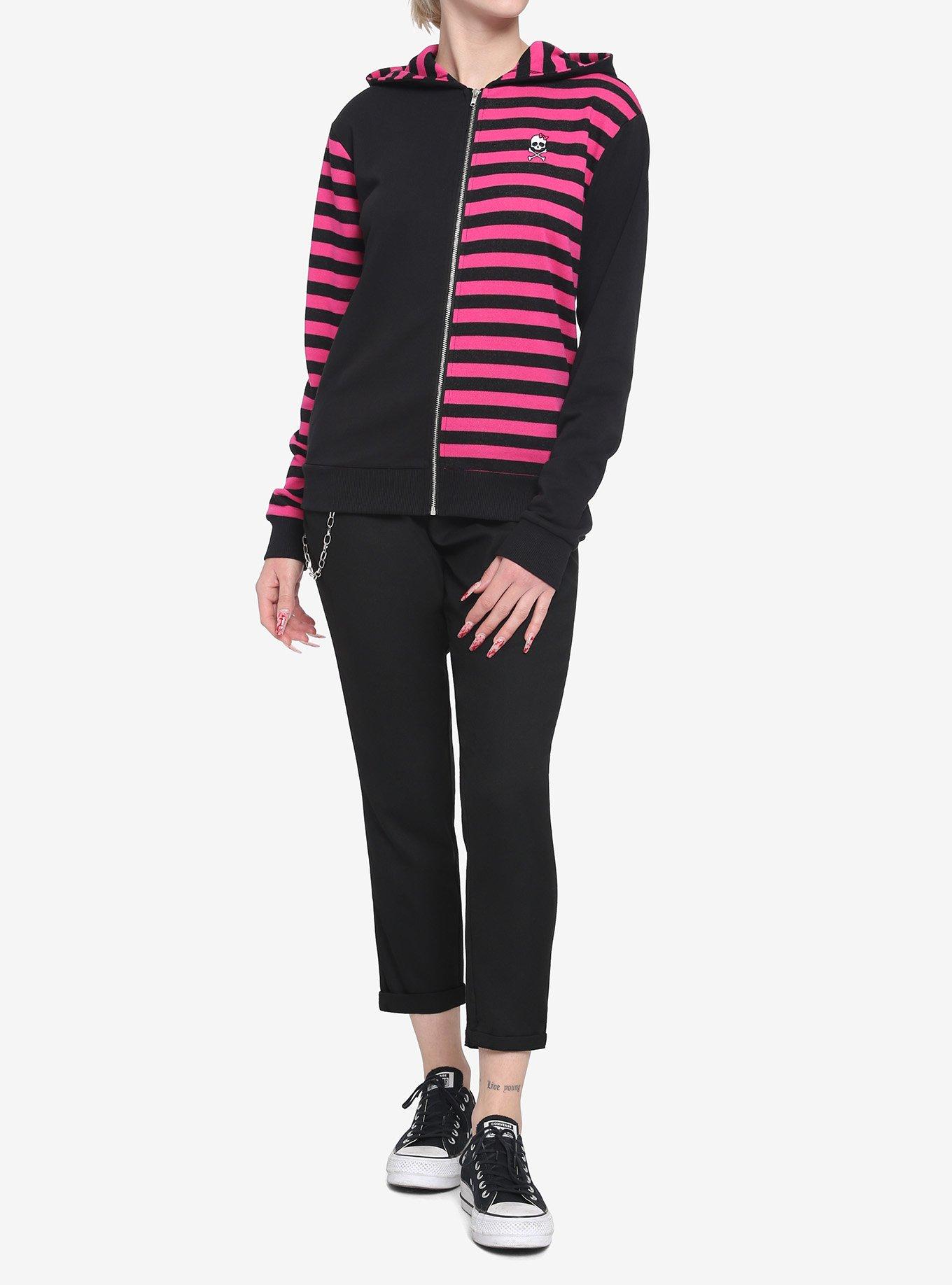 Pink & Black Stripe Split Girls Hoodie, STRIPE-PINK, alternate