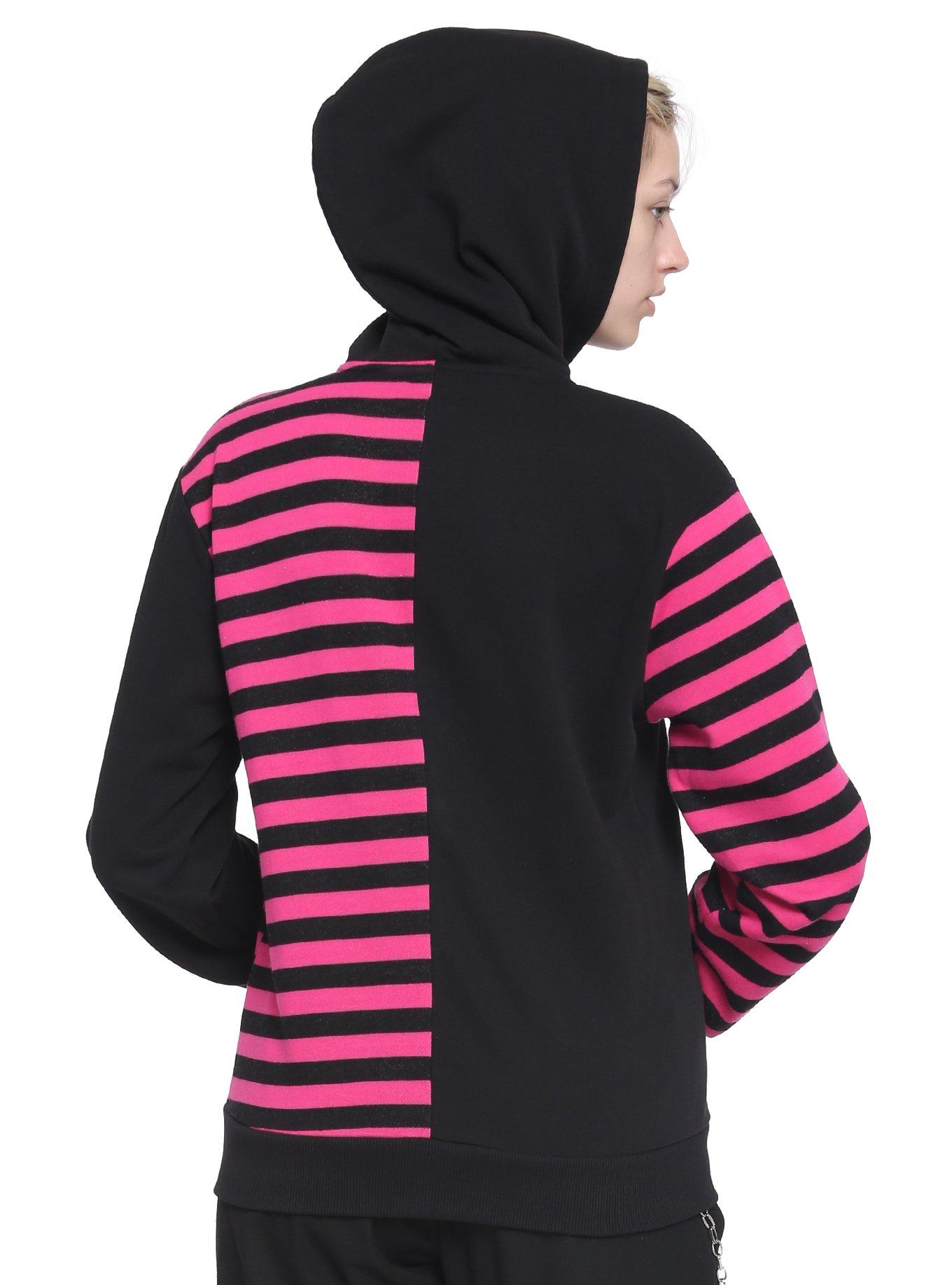 Pink & Black Stripe Split Girls Hoodie, STRIPE-PINK, alternate