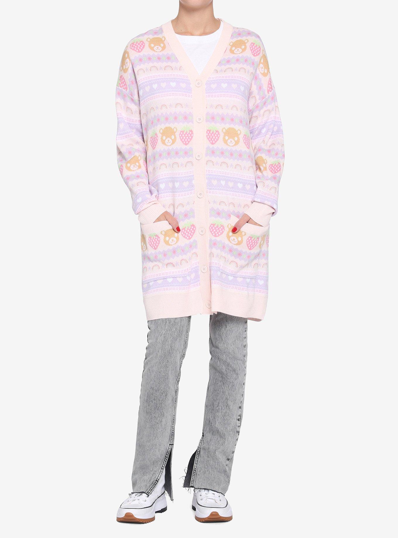 Pastel Teddy Bear & Strawberries Girls Oversized Cardigan, MULTI, alternate