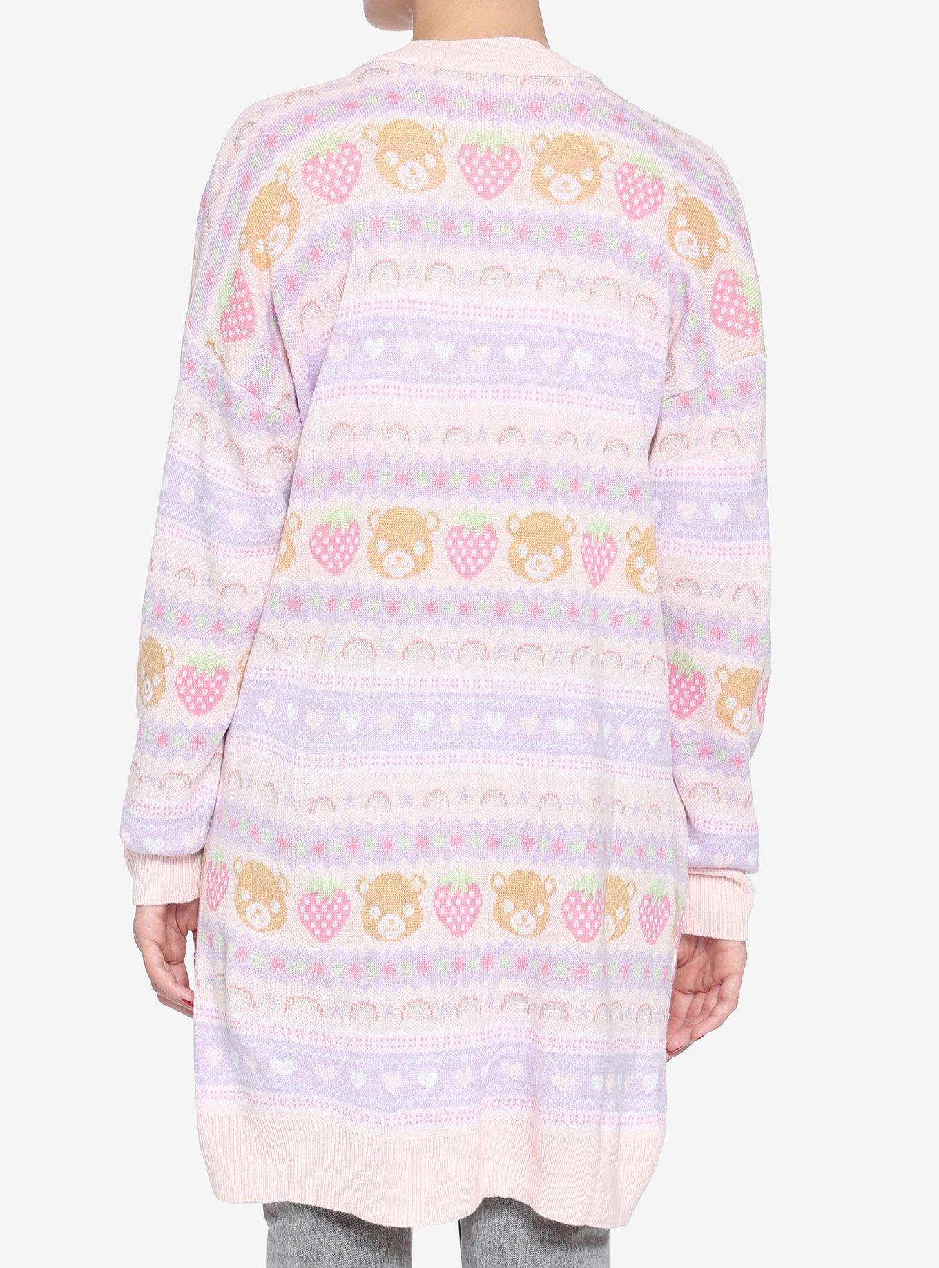 Pastel Teddy Bear & Strawberries Girls Oversized Cardigan, MULTI, alternate