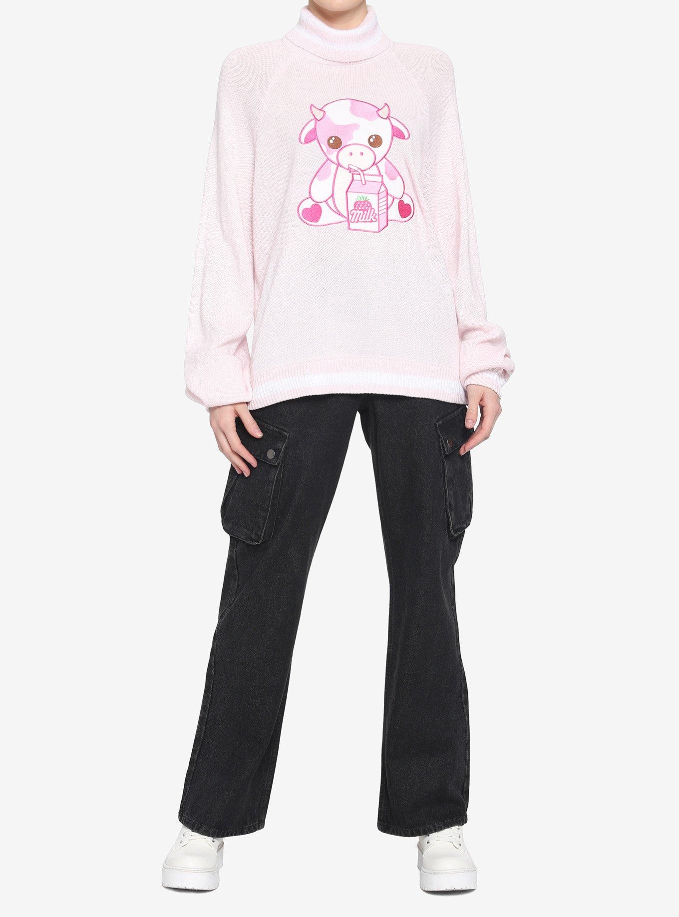 Strawberry Milk Cow Turtleneck Girls Sweater, PINK, alternate