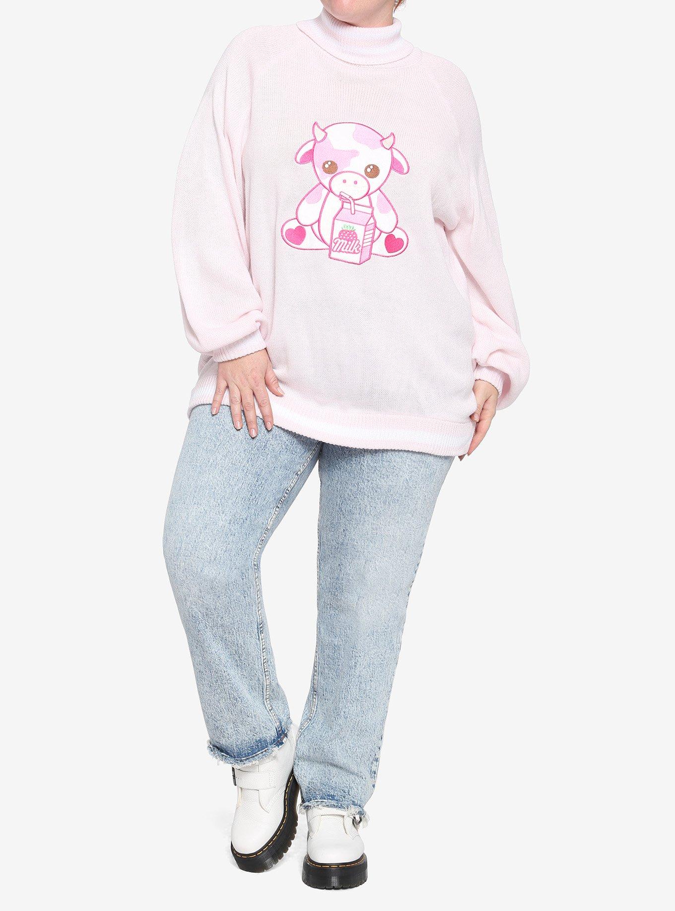 Strawberry Milk Cow Turtleneck Girls Sweater Plus Size, PINK, alternate