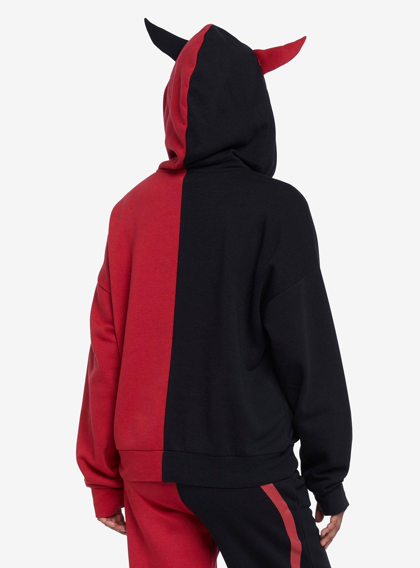 Red & Black Horns Split Girls Hoodie, RED, alternate