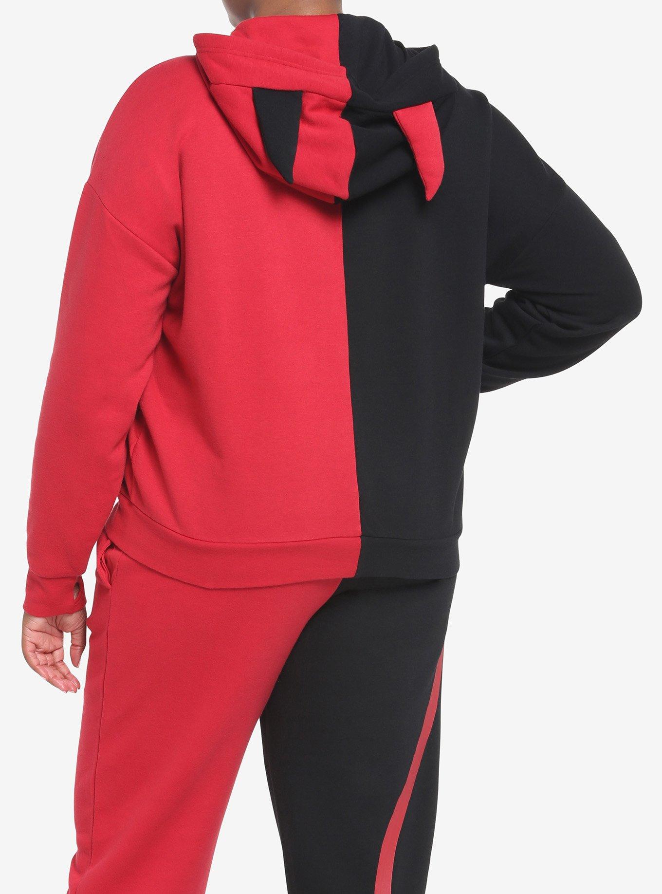 Red & Black Horns Split Girls Hoodie Plus Size, RED, alternate