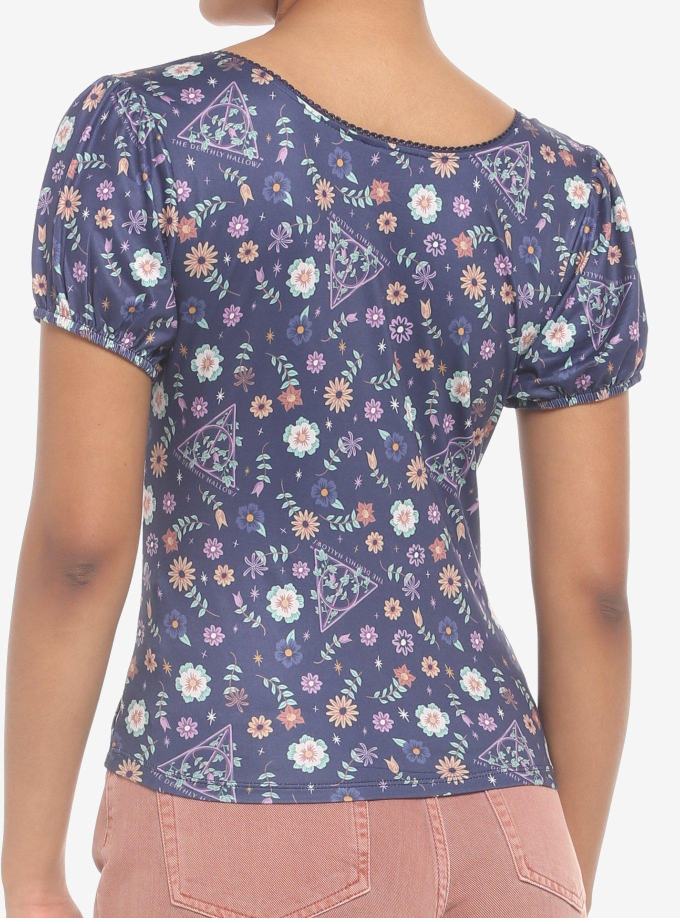 Harry Potter Deathly Hallows Floral Square Neck Girls Top, MULTI, alternate