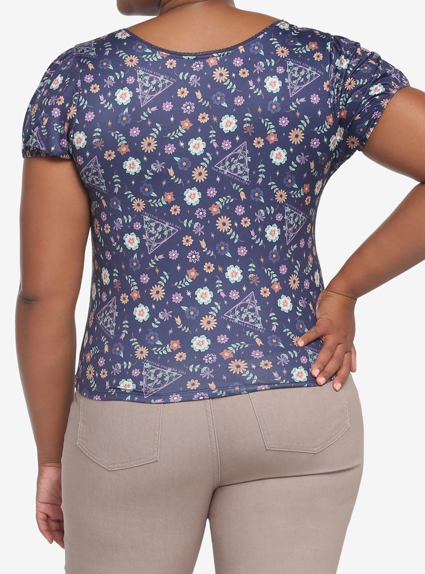 Harry Potter Deathly Hallows Floral Square Neck Girls Top Plus Size, MULTI, alternate