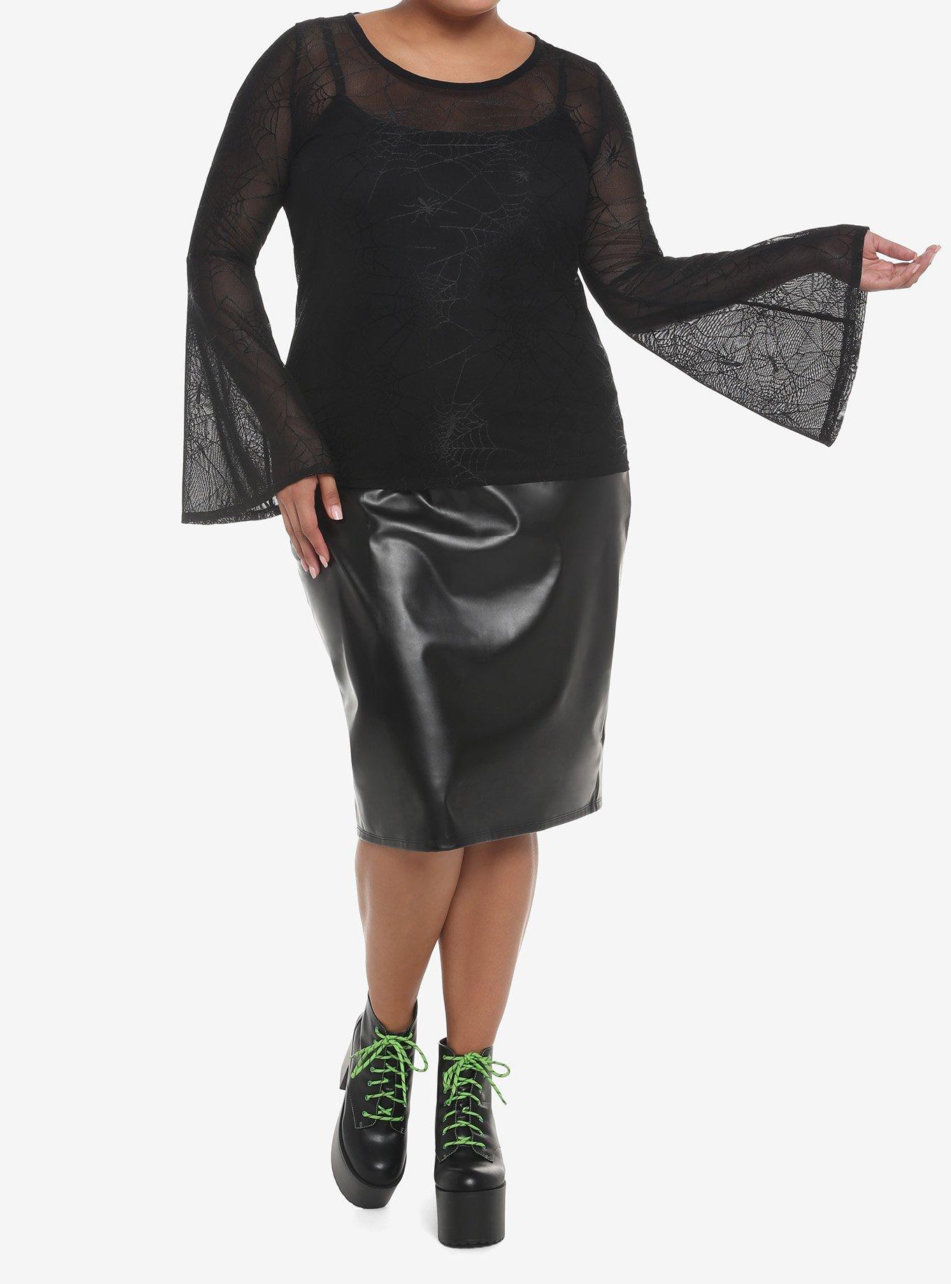 Spiderweb Mesh Bell Sleeve Twofer Top Plus Size, DEEP BLACK, alternate