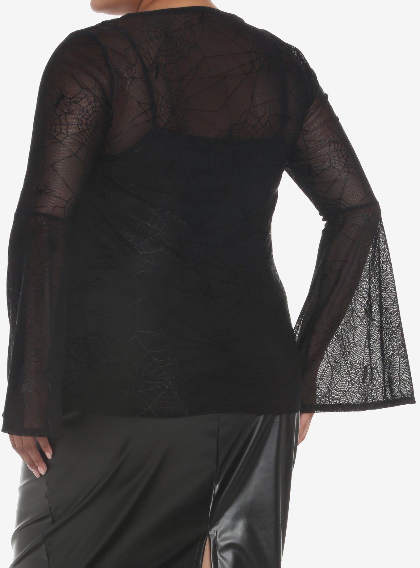 Spiderweb Mesh Bell Sleeve Twofer Top Plus Size, DEEP BLACK, alternate
