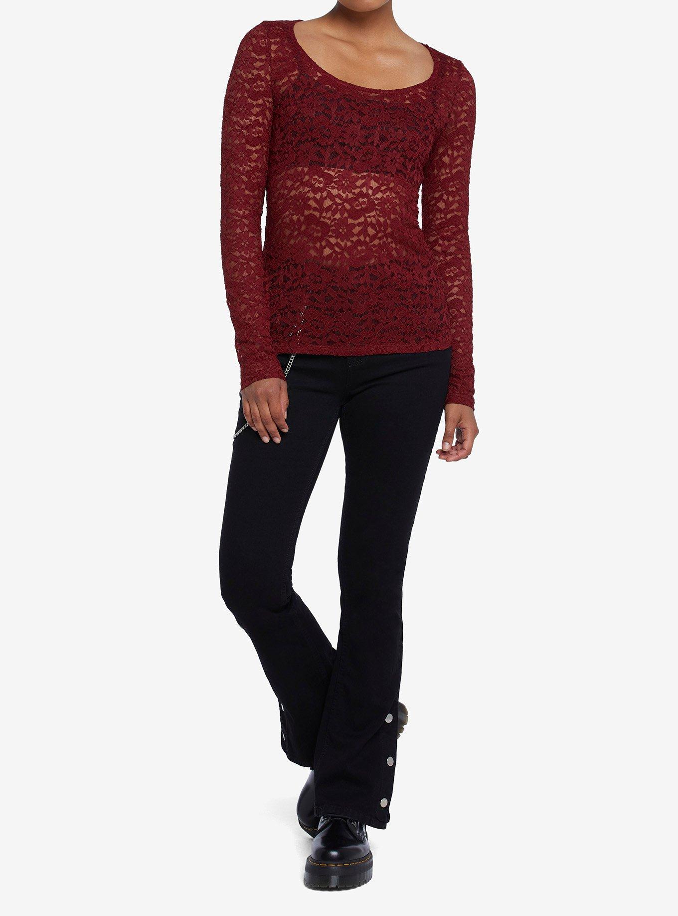 Burgundy Lace Long-Sleeve Top, BURGUNDY, alternate