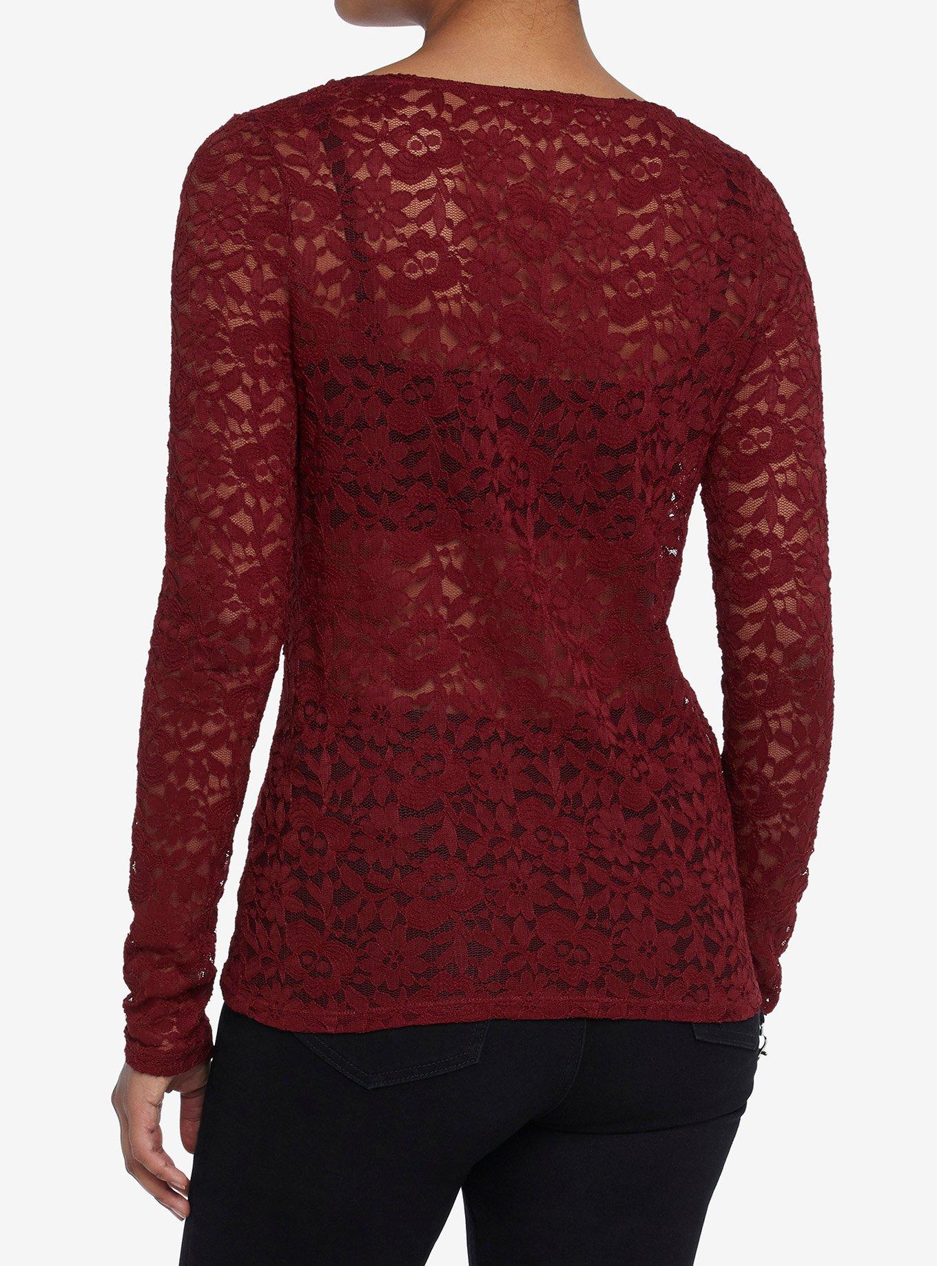 Burgundy Lace Long-Sleeve Top, BURGUNDY, alternate