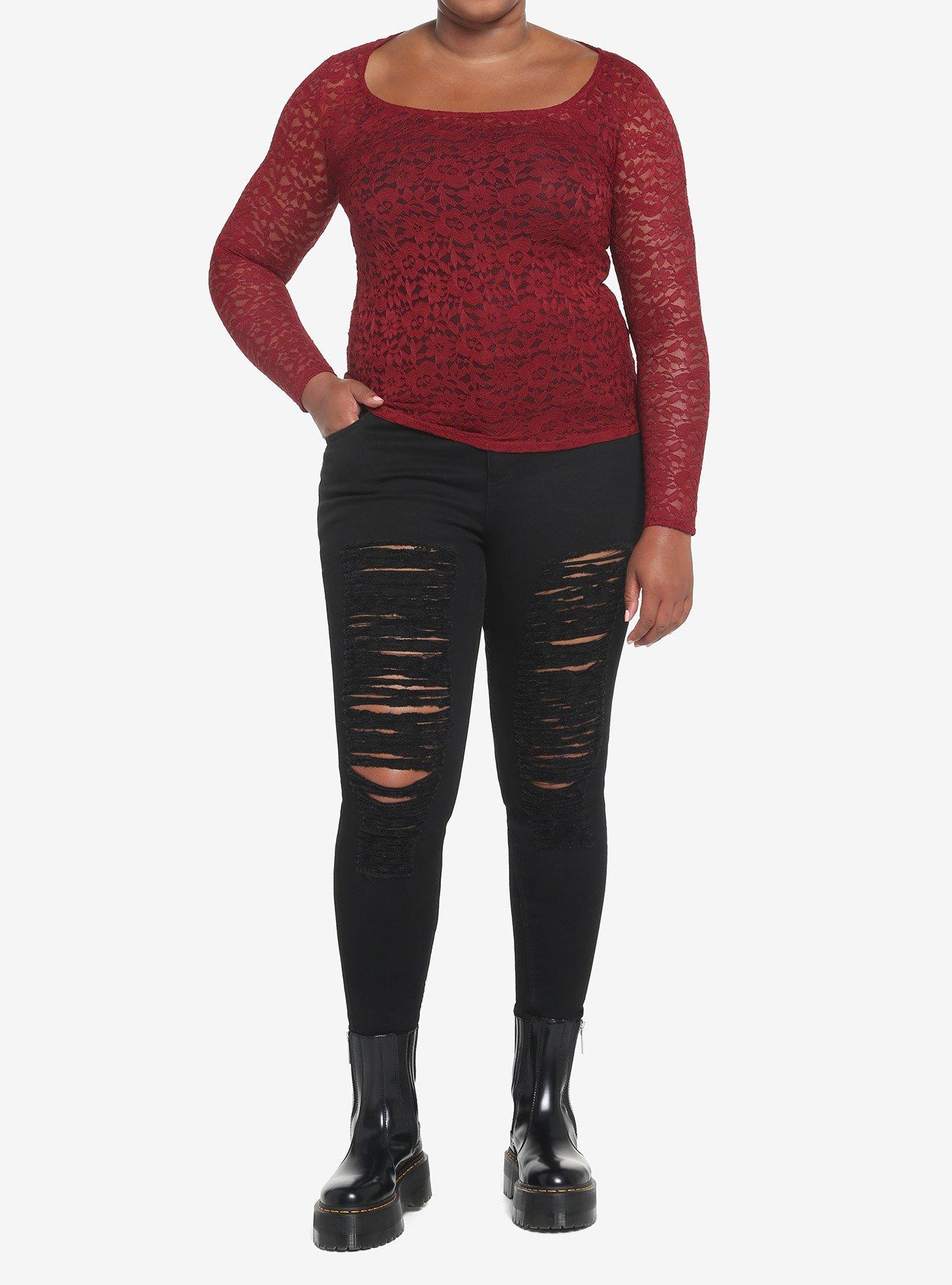 Burgundy Lace Long-Sleeve Top Plus Size, BURGUNDY, alternate
