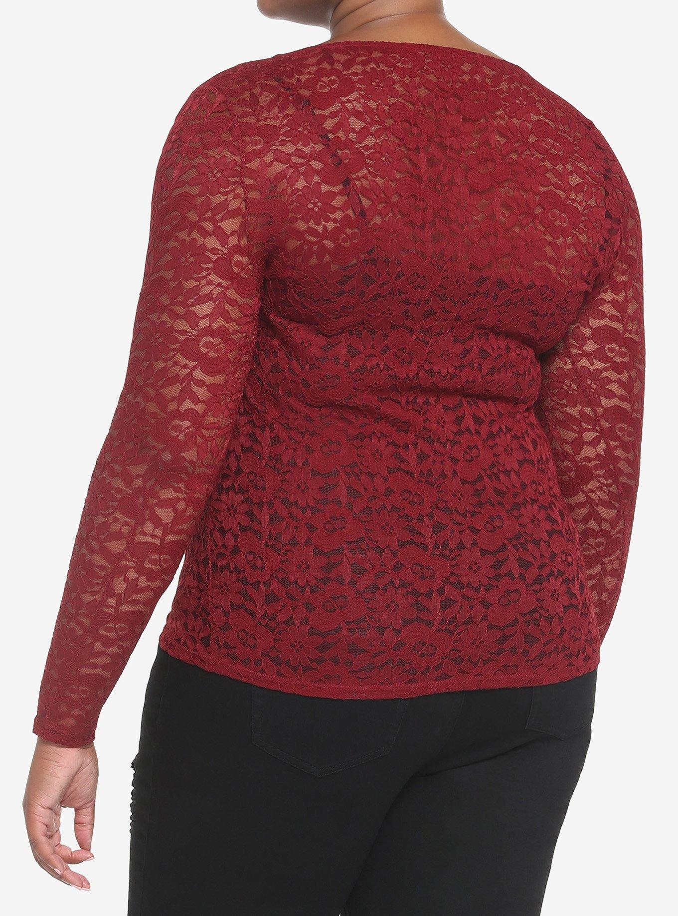 Burgundy Lace Long-Sleeve Top Plus Size, BURGUNDY, alternate