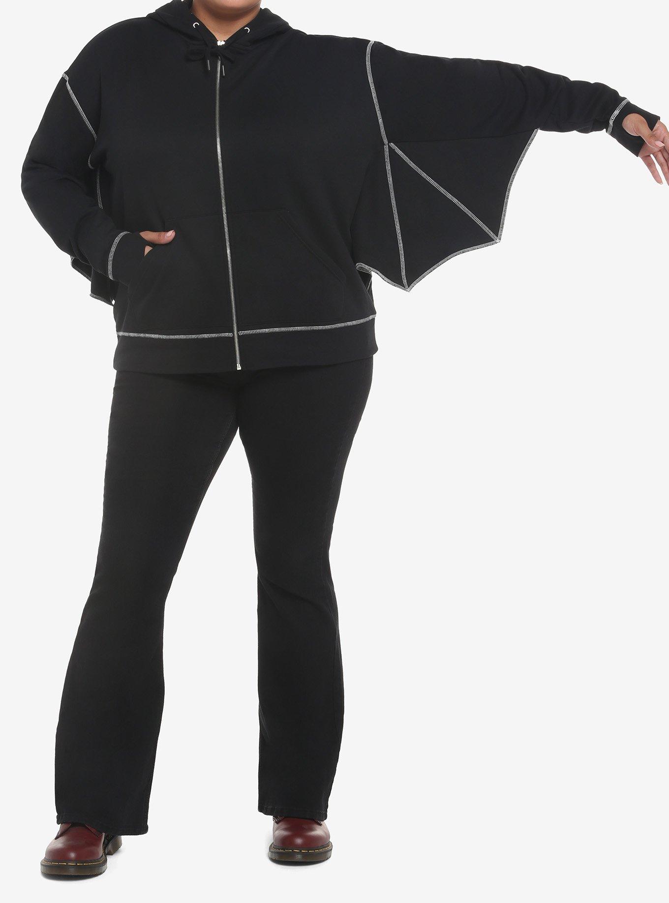 Black Bat Wing Hoodie Plus Size, DEEP BLACK, alternate