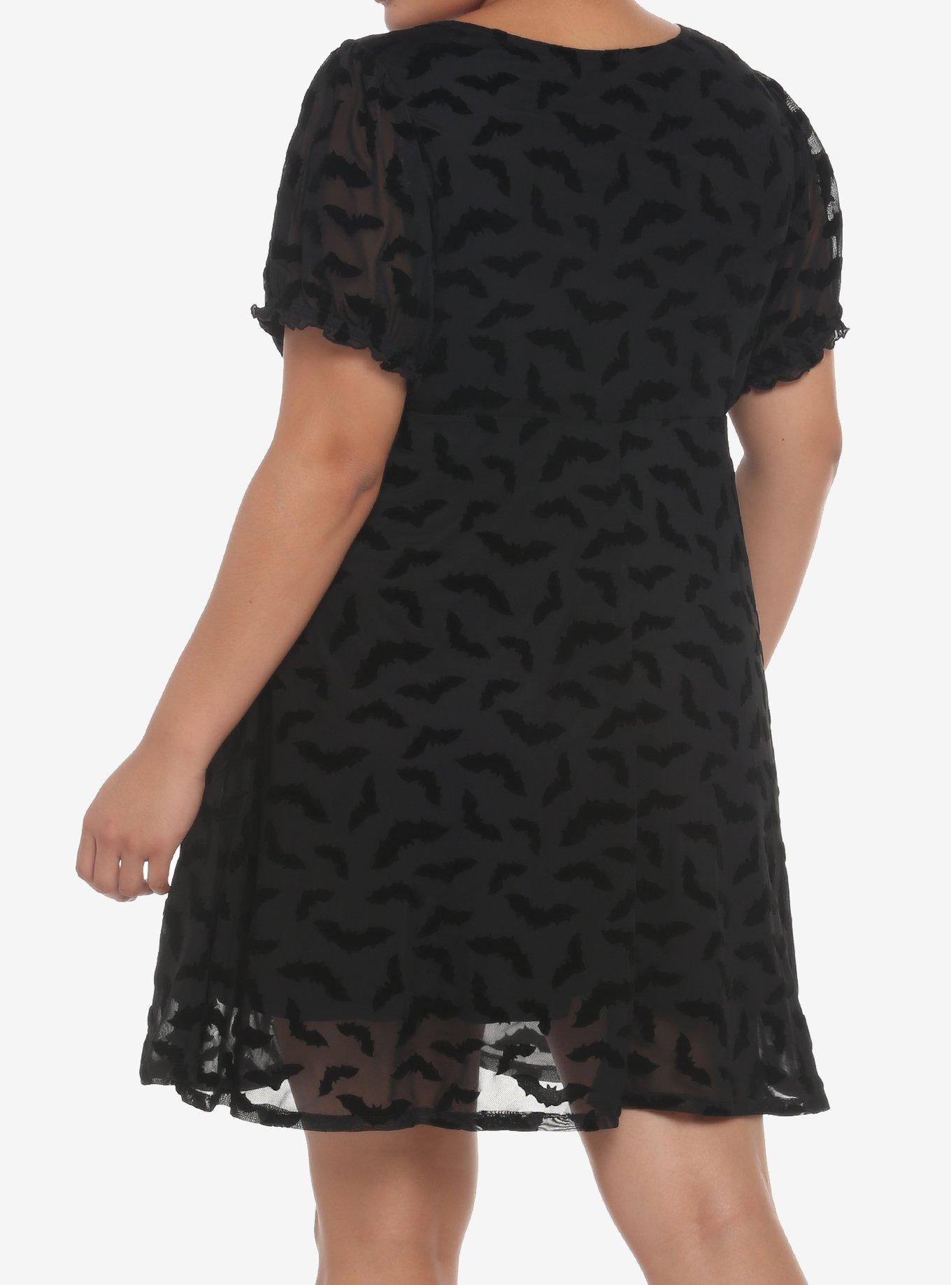 Black Flocked Bats Babydoll Dress Plus Size, DEEP BLACK, alternate