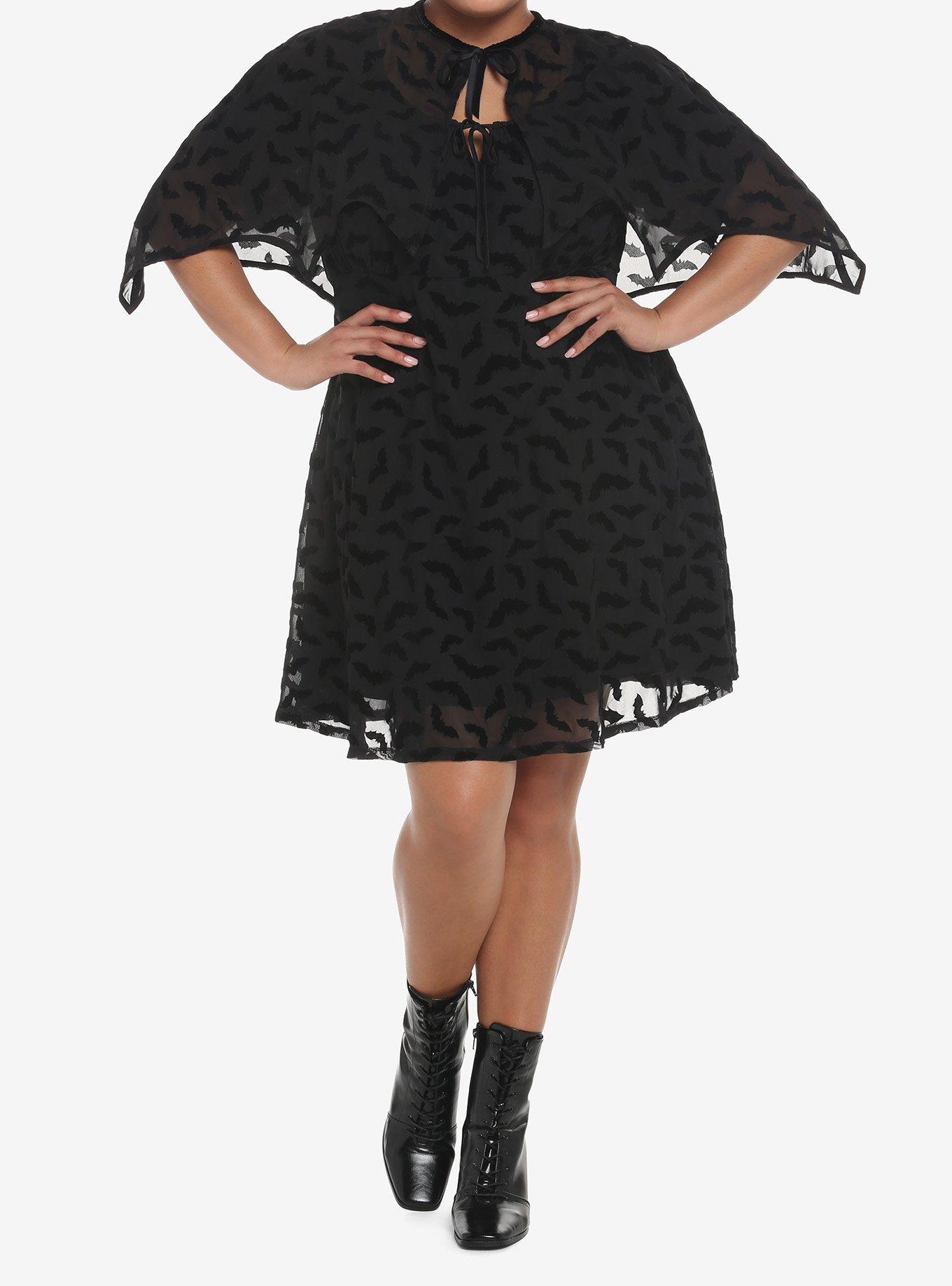 Black Flocked Bats Babydoll Dress Plus Size, DEEP BLACK, alternate