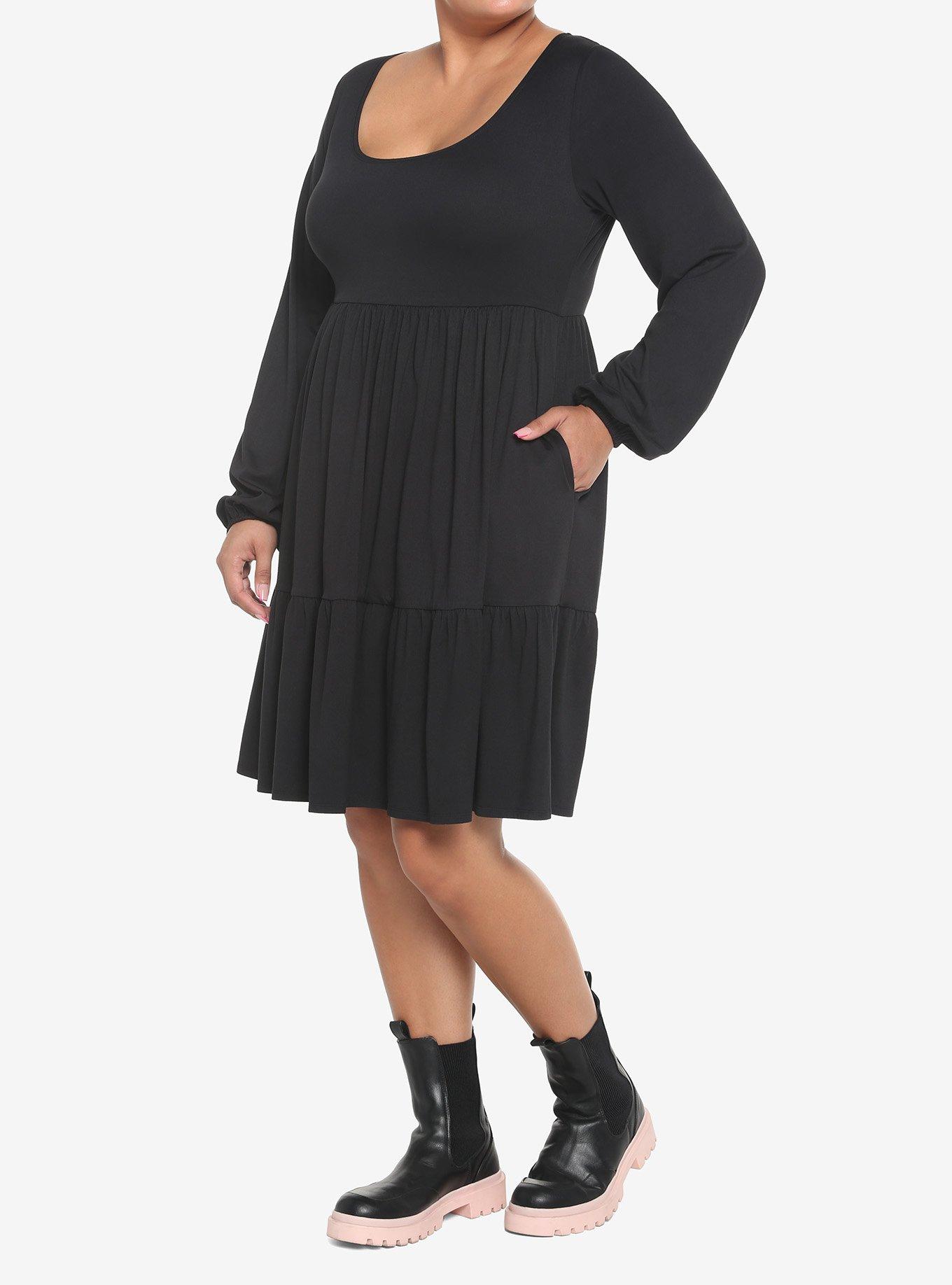 Black Tiered Long-Sleeve Dress Plus Size, DEEP BLACK, alternate