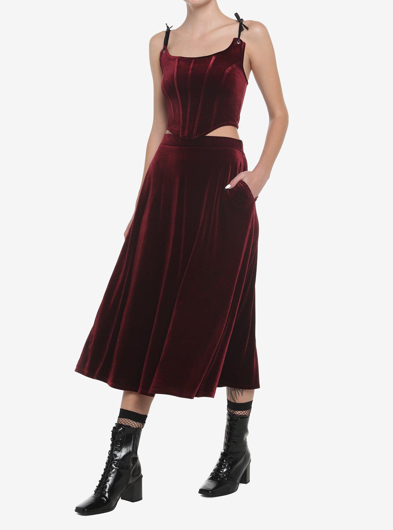 Burgundy Velvet Maxi Skirt, BLACK  RED, alternate