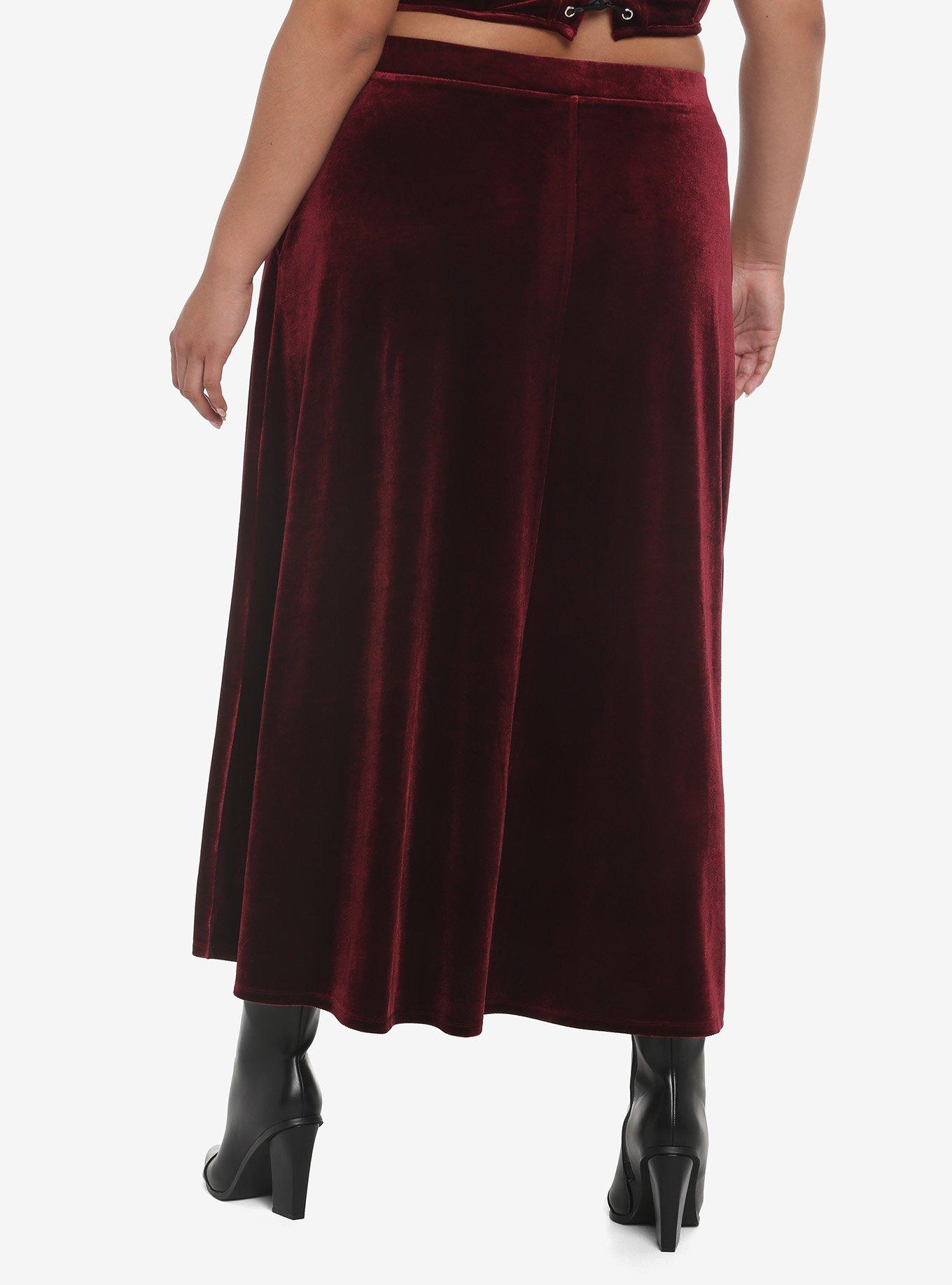 Burgundy Velvet Maxi Skirt Plus Size, BLACK  RED, alternate