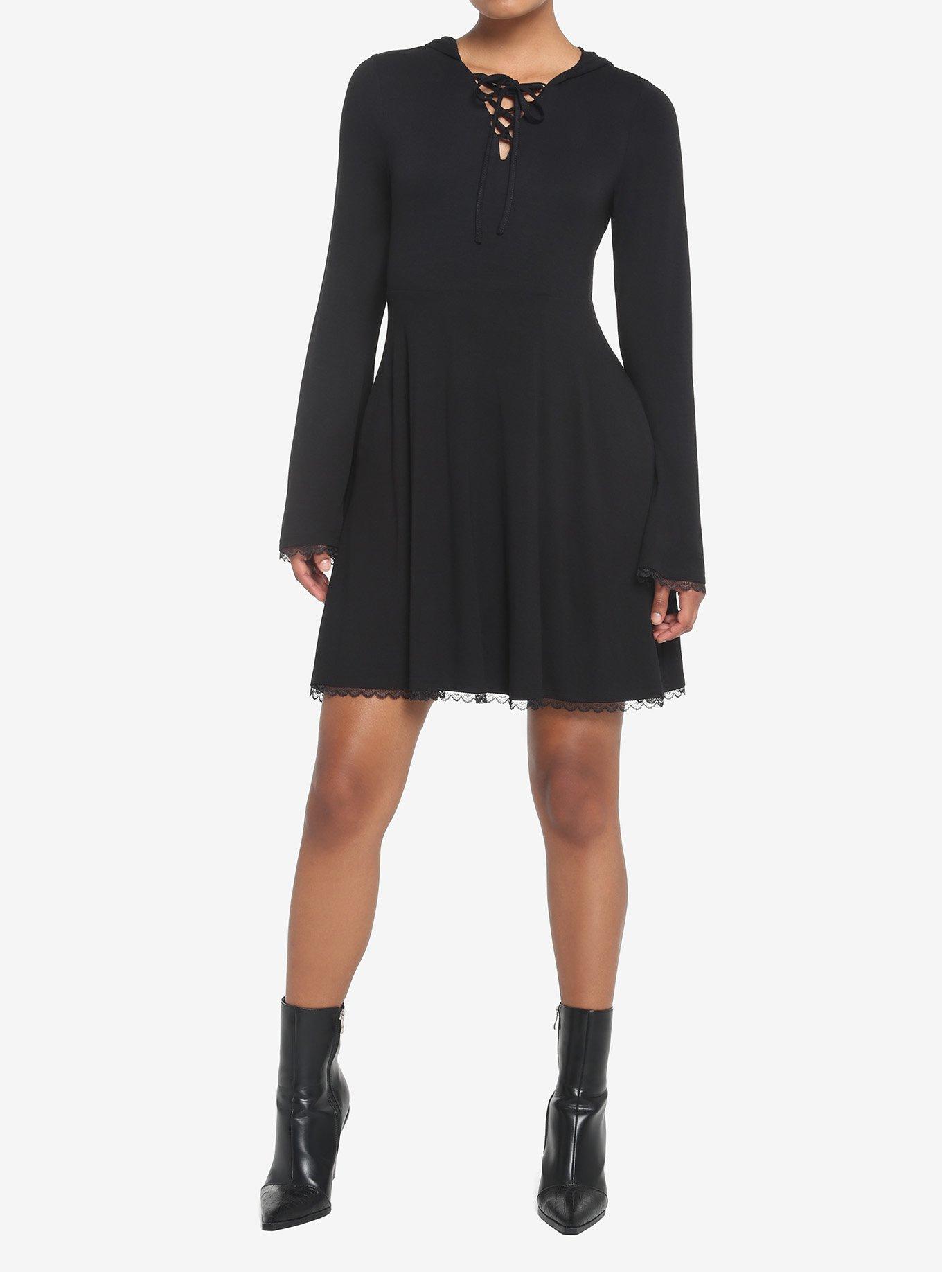 Black Lace-Up Front Hooded Dress, DEEP BLACK, alternate