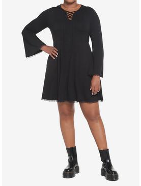 Black Lace-Up Front Hooded Dress Plus Size, , hi-res