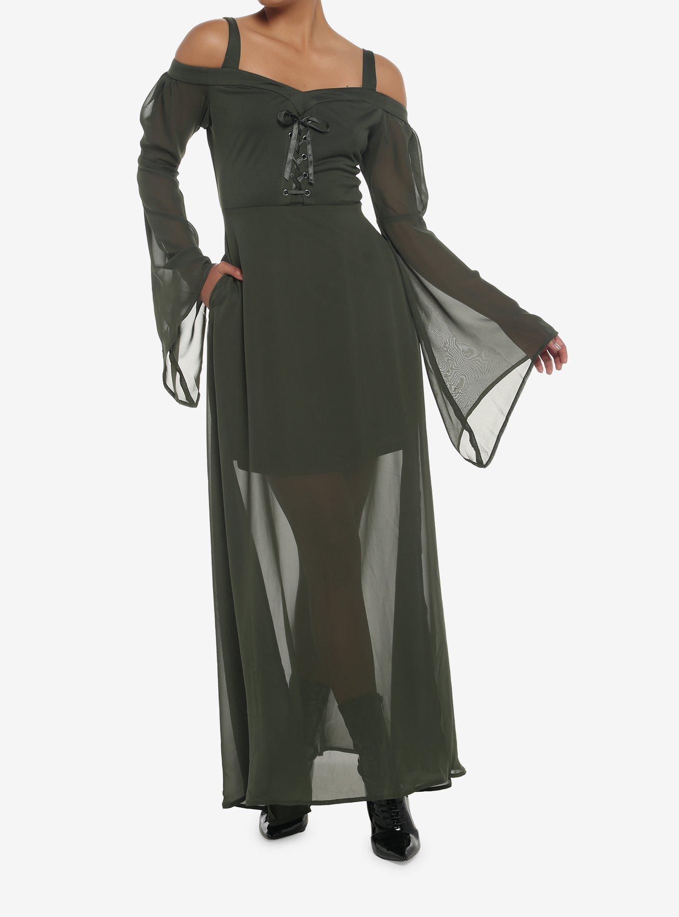Forest Green Chiffon Cold Shoulder Maxi Dress, OLIVE, alternate
