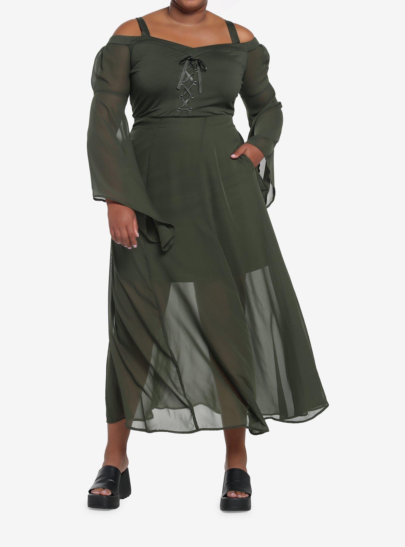 Forest Green Chiffon Cold Shoulder Maxi Dress Plus Size, OLIVE, alternate
