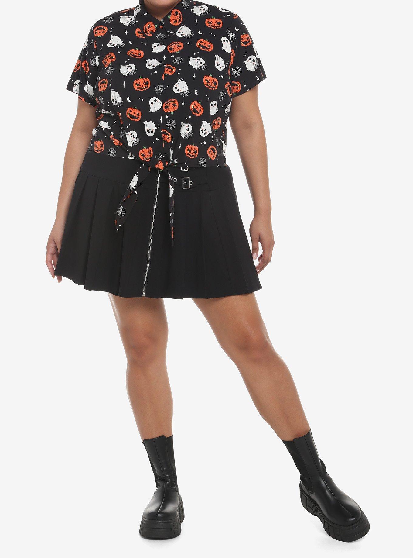 Ghosts & Jack-O'-Lanterns Tie-Front Woven Button-Up Plus Size, MULTI, alternate