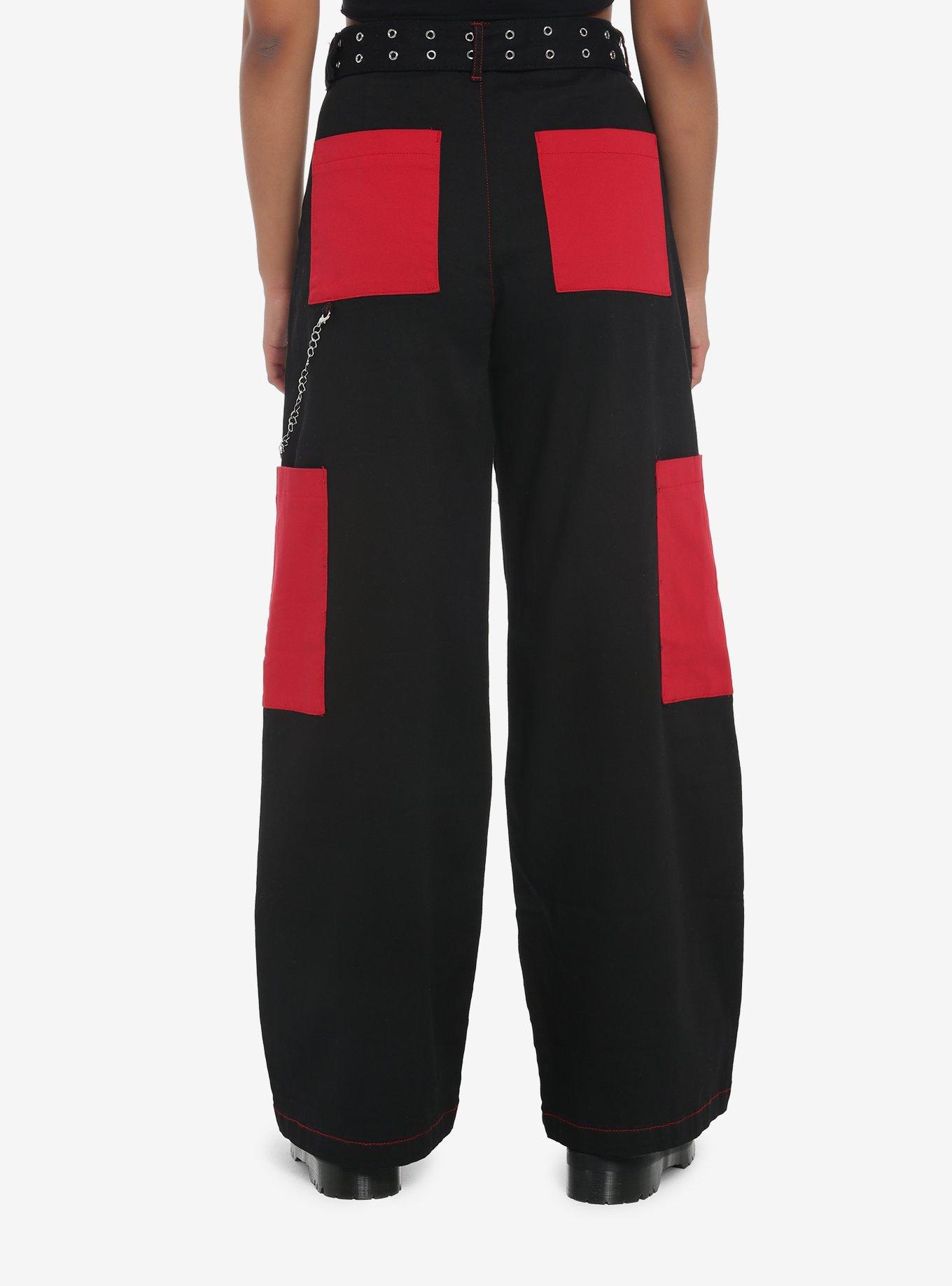 Black & Red Pocket Wide Leg Girls Cargo Pants