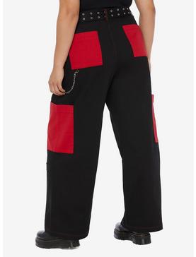 Black & Red Straight Leg Cargo Pants Plus Size, , hi-res