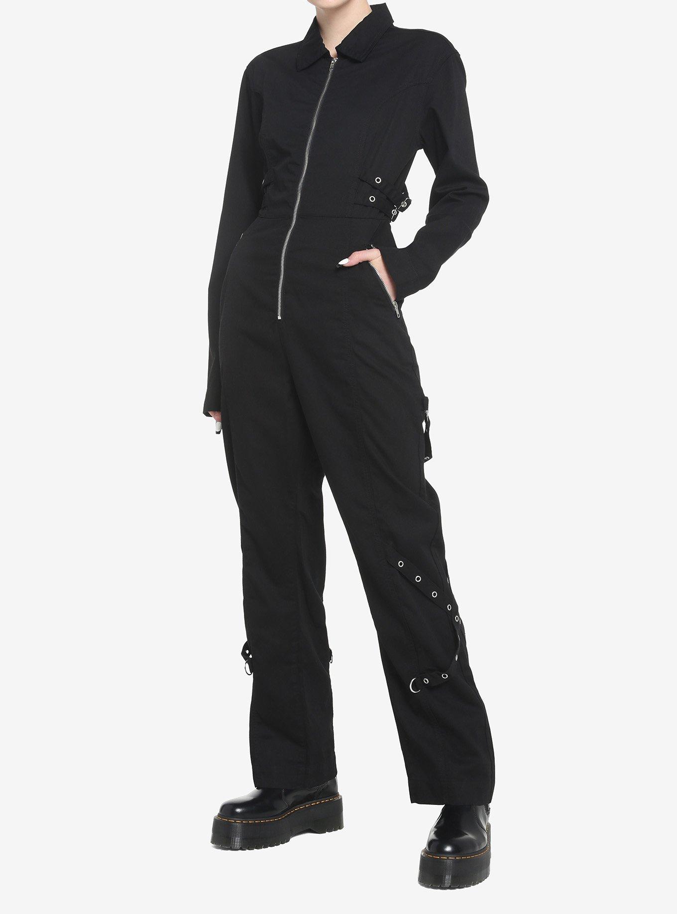 Black Grommet Long-Sleeve Jumpsuit, BLACK, alternate