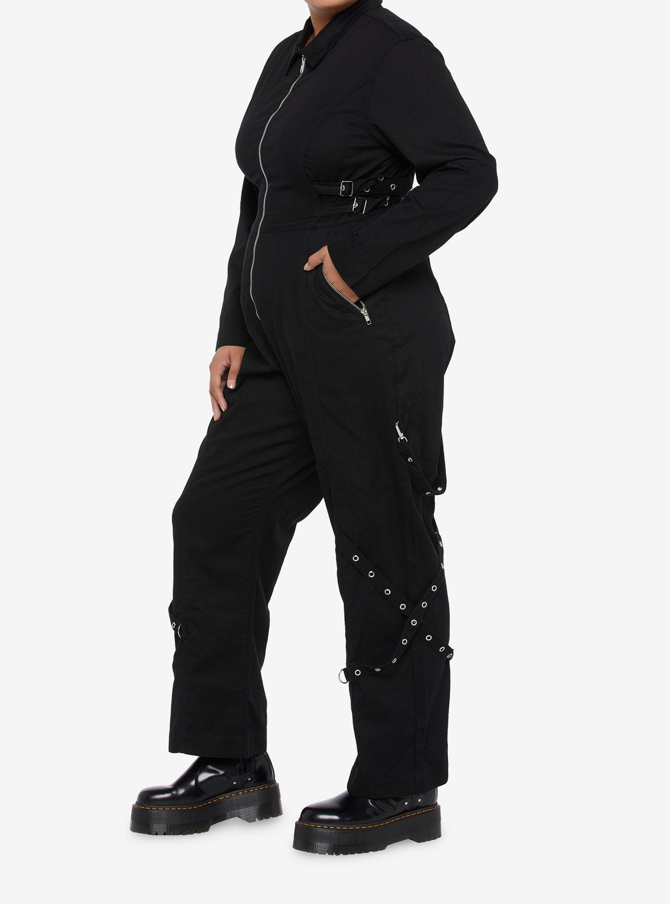 Black Grommet Long-Sleeve Jumpsuit Plus Size, BLACK, alternate