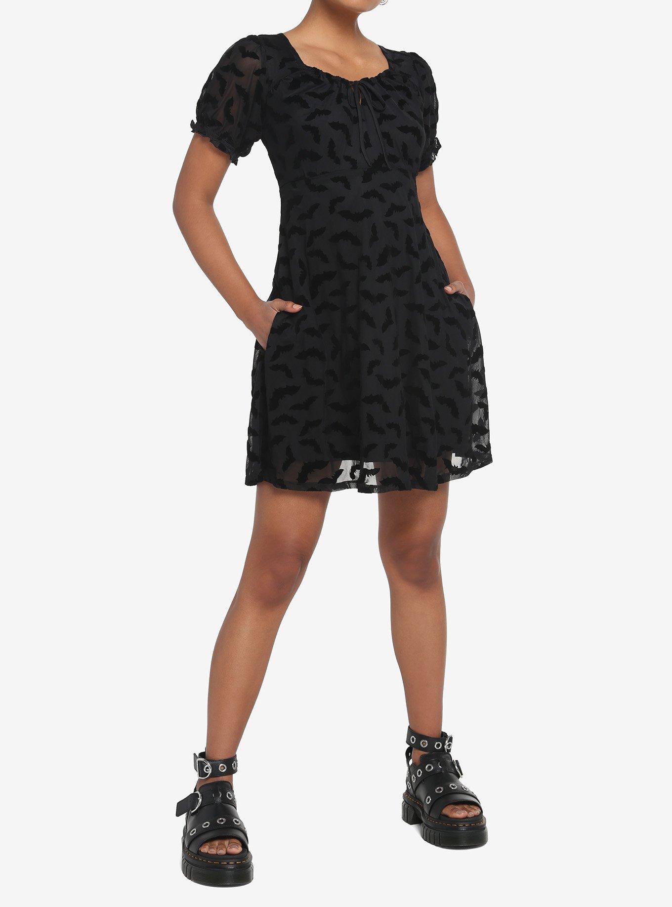 Black Flocked Bats Babydoll Dress, BLACK, alternate