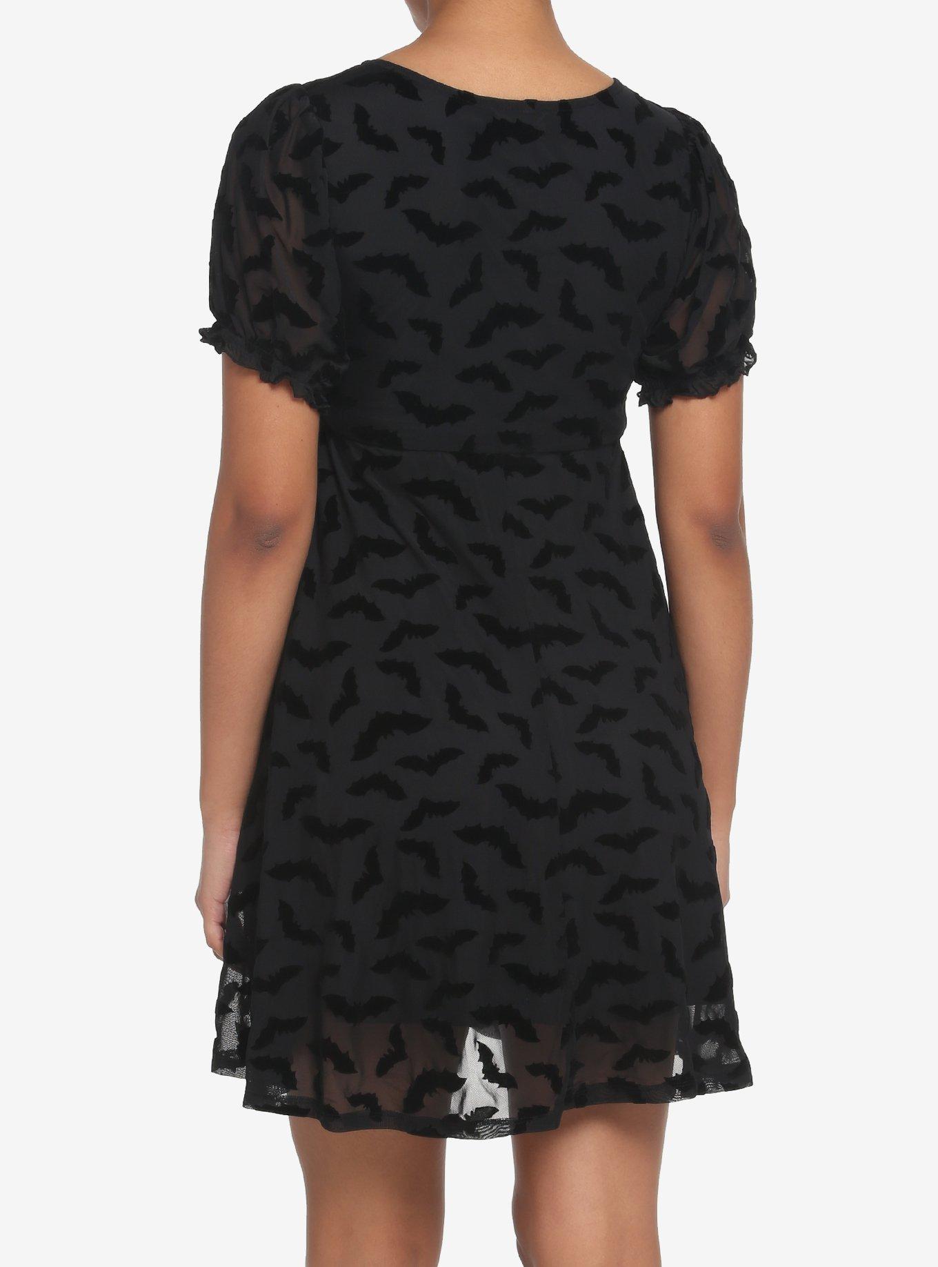 Black Flocked Bats Babydoll Dress, BLACK, alternate