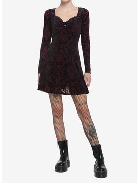 Plus Size Velvet Damask Long-Sleeve Dress, , hi-res